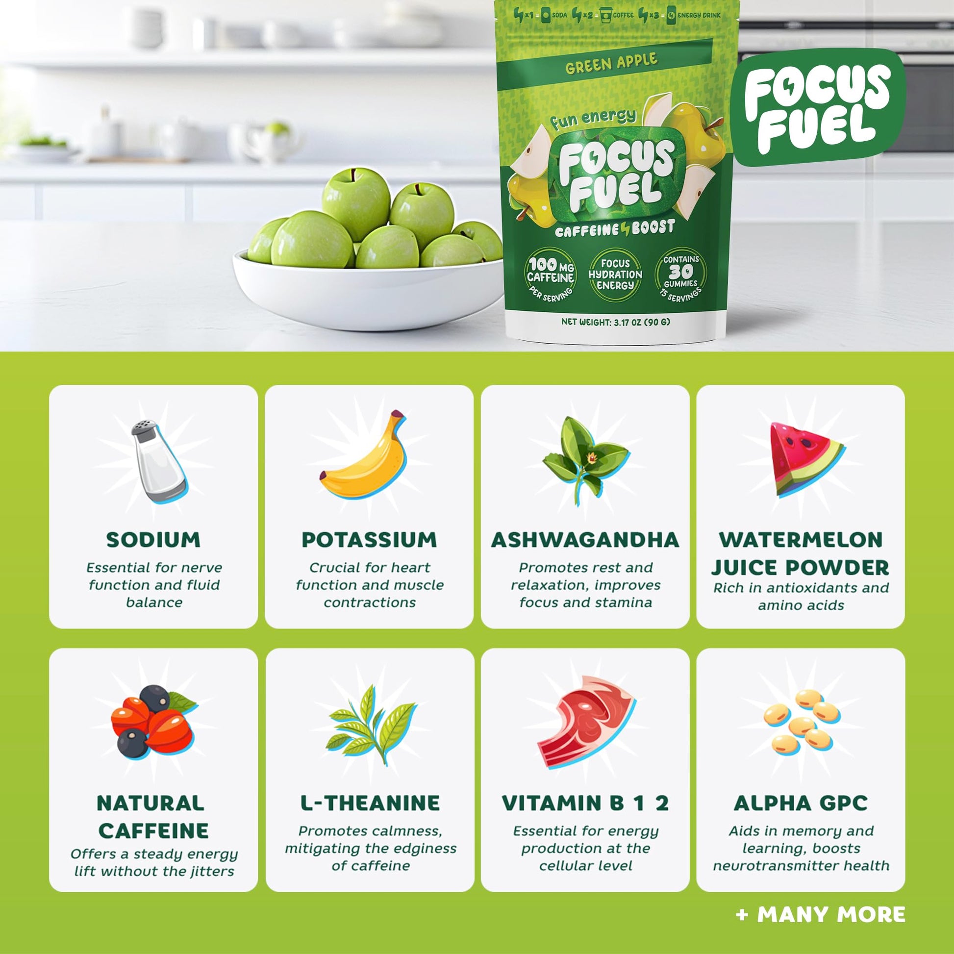 FocusFuel Energy Chews – Green Apple Flavor (15 Servings) – 100mg Caffeine + B12, Magnesium, Alpha GPC – Boost Focus & Energy – No Crash or Jitters FocusFuel buy supplements canada