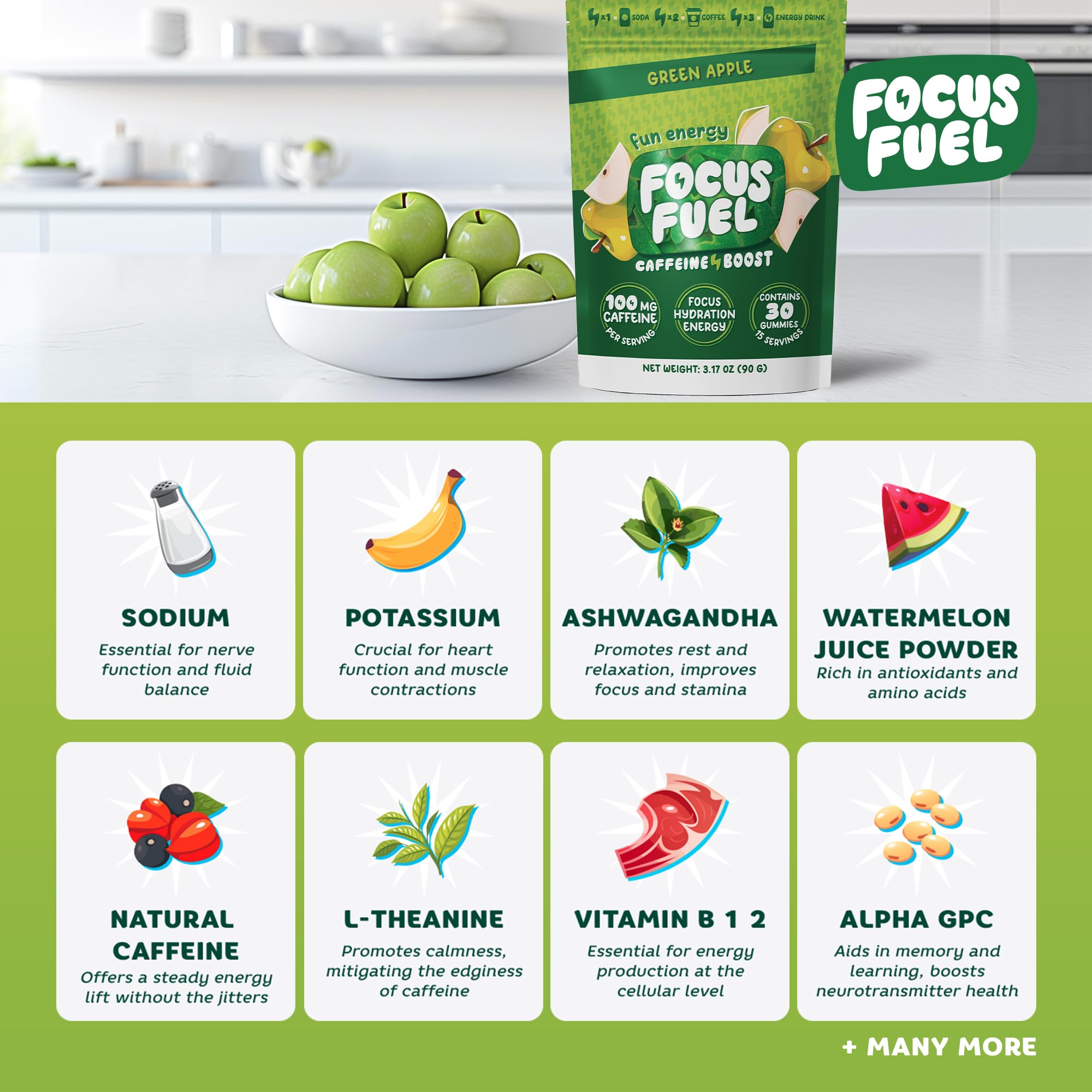FocusFuel Energy Chews – Green Apple Flavor (15 Servings) – 100mg Caffeine + B12, Magnesium, Alpha GPC – Boost Focus & Energy – No Crash or Jitters FocusFuel buy supplements canada