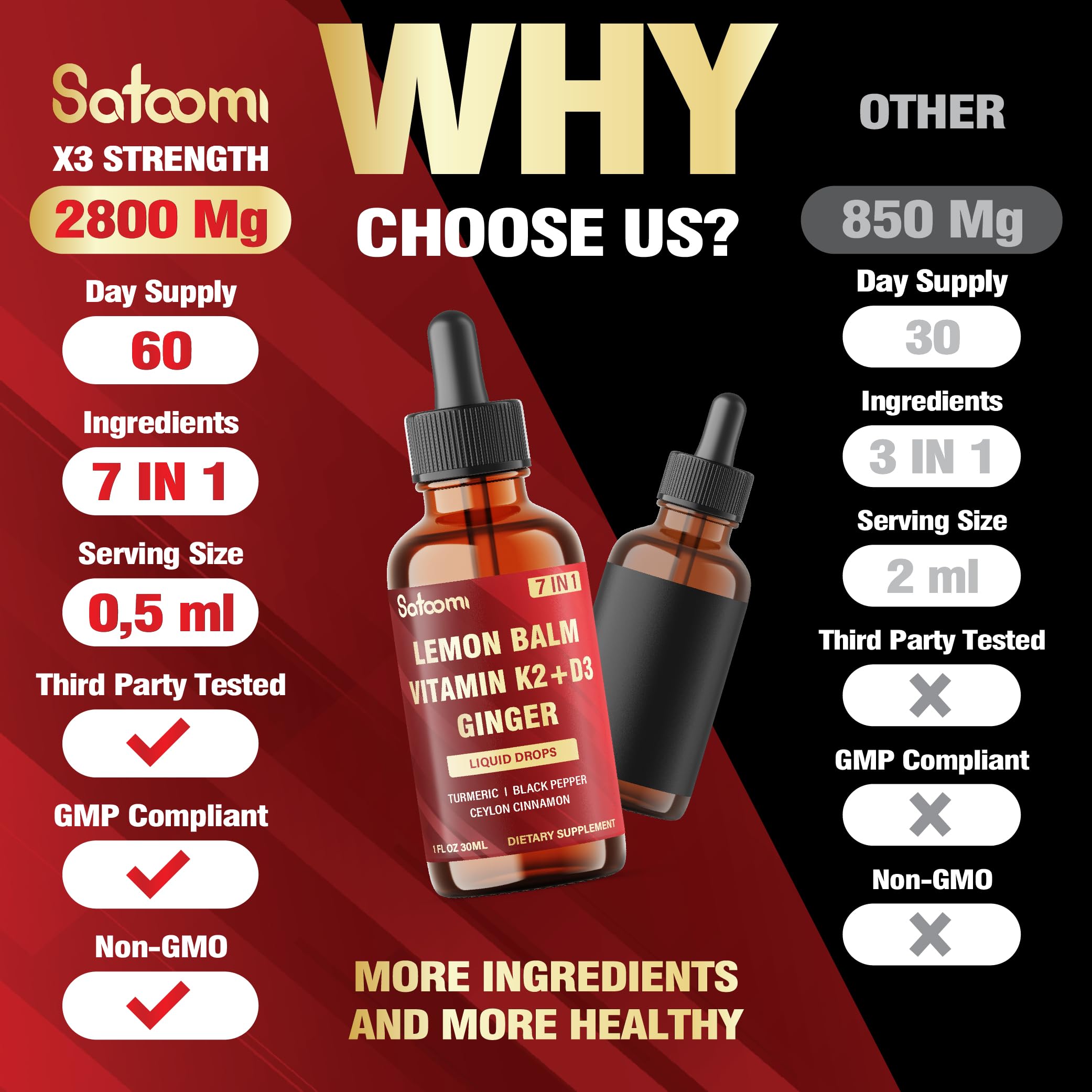 Satoomi 7in1 Lemon Balm Tincture with Vitamin D3, Vitamin K2, Ginger Root, Turmeric, Ceylon Cinnamon and Black Pepper - 1 FL Oz - 60 Day Supply Satoomi buy supplements canada