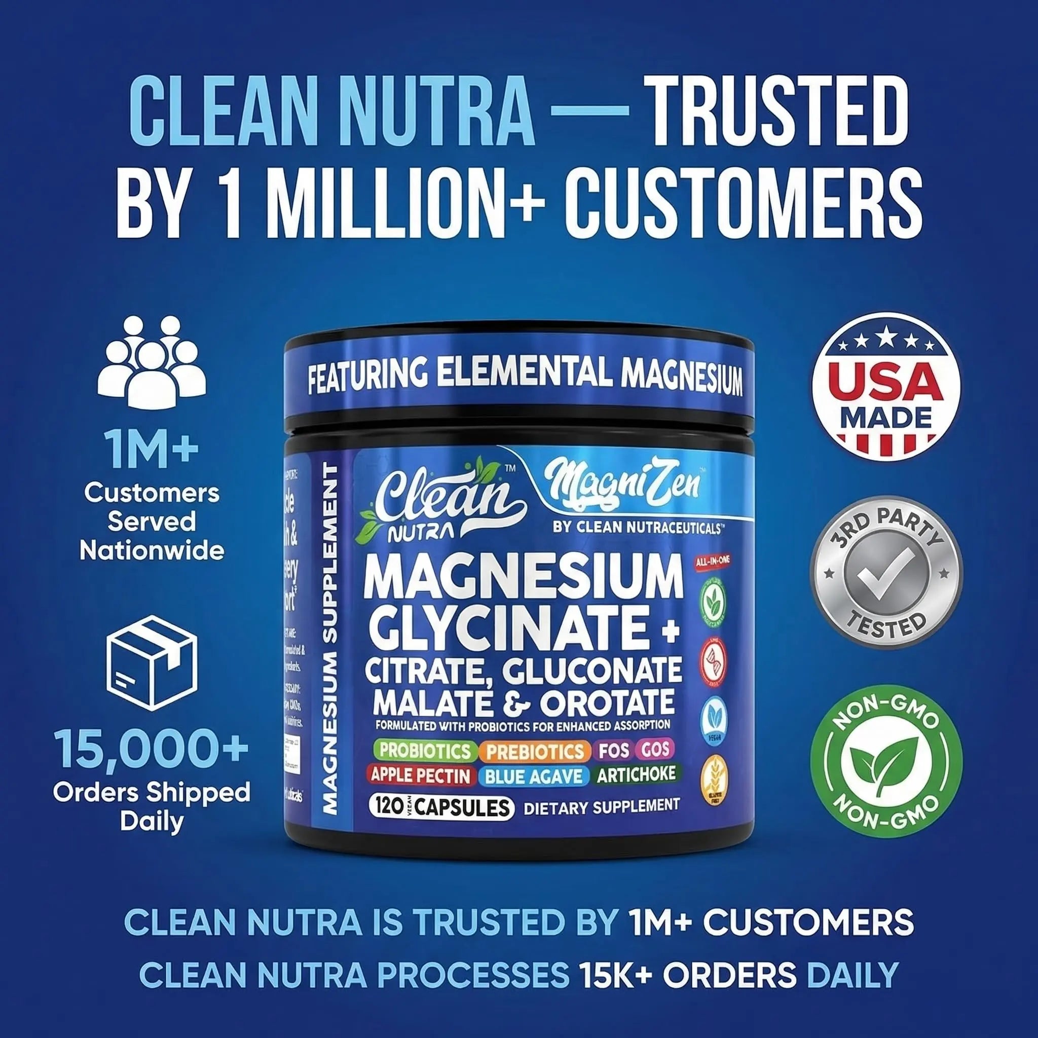 Clean Nutra Magnesium Glycinate Citrate Malate Orotate Taurate Supplement Complex + 10 Strain Probiotic Prebiotics FOS GOS Inulin Sleep Calm Support Apple Pectin – 120 Vegan Capsules Clean Nutraceuticals buy supplements canada