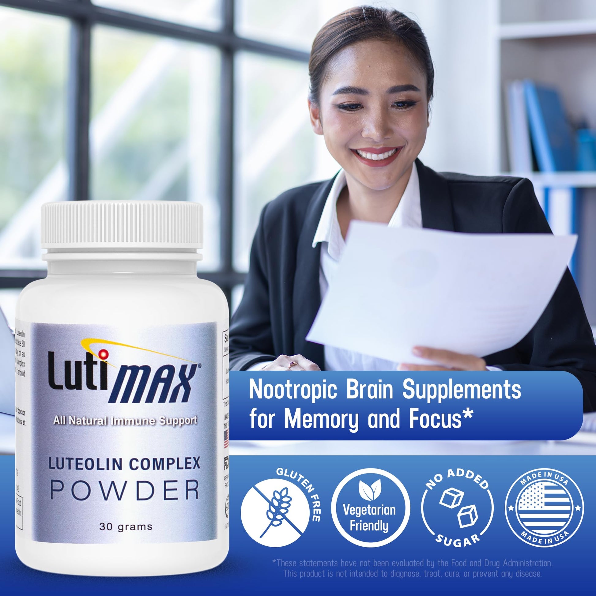 Lutimax Luteolin Complex Powder Brain Supplement with Rutin - Nootropic Brain Supplements for Memory and Focus to Improve Brain Health - Antioxidant Supplement for Immune Support - 100 Servings Solo Luti buy supplements canada