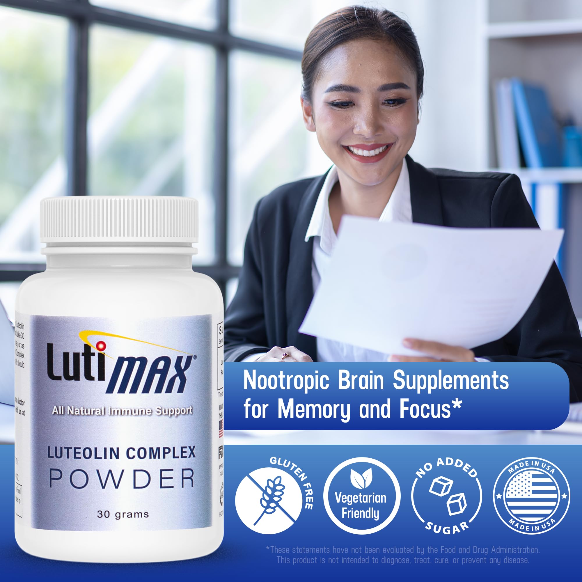 Lutimax Luteolin Complex Powder Brain Supplement with Rutin - Nootropic Brain Supplements for Memory and Focus to Improve Brain Health - Antioxidant Supplement for Immune Support - 100 Servings Solo Luti buy supplements canada