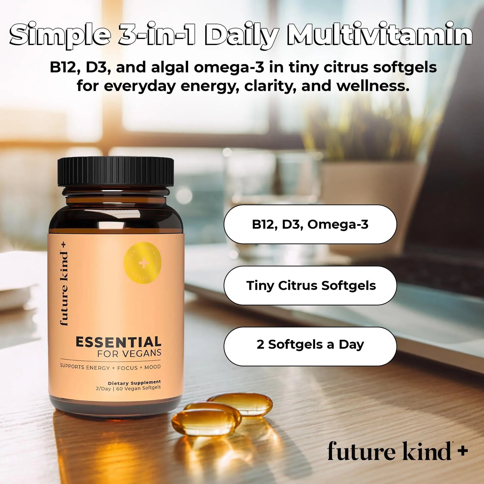 Future Kind 3 in 1 Daily Multivitamin - for Energy, Clarity, Active Wellness Support with B12, D3, and Algal Omega-3 - Essential Vegan Multivitamin for Women & Men Future Kind buy supplements canada