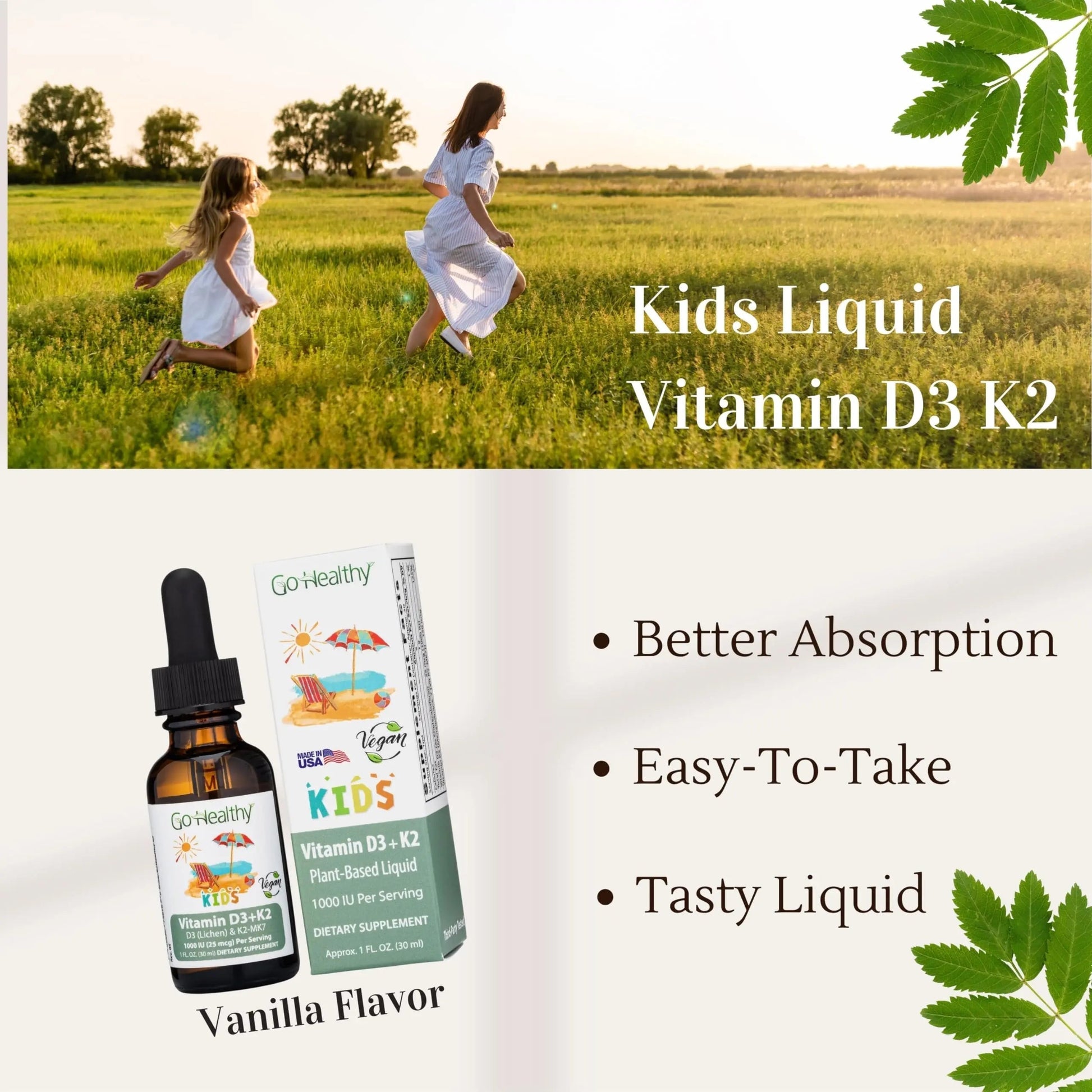 Go Healthy Kids Vitamins D3 K2 (MK-7), Child Vitamin D, Liquid Vegan D3 K2 Drops for Kids Go Healthy Natural buy supplements canada
