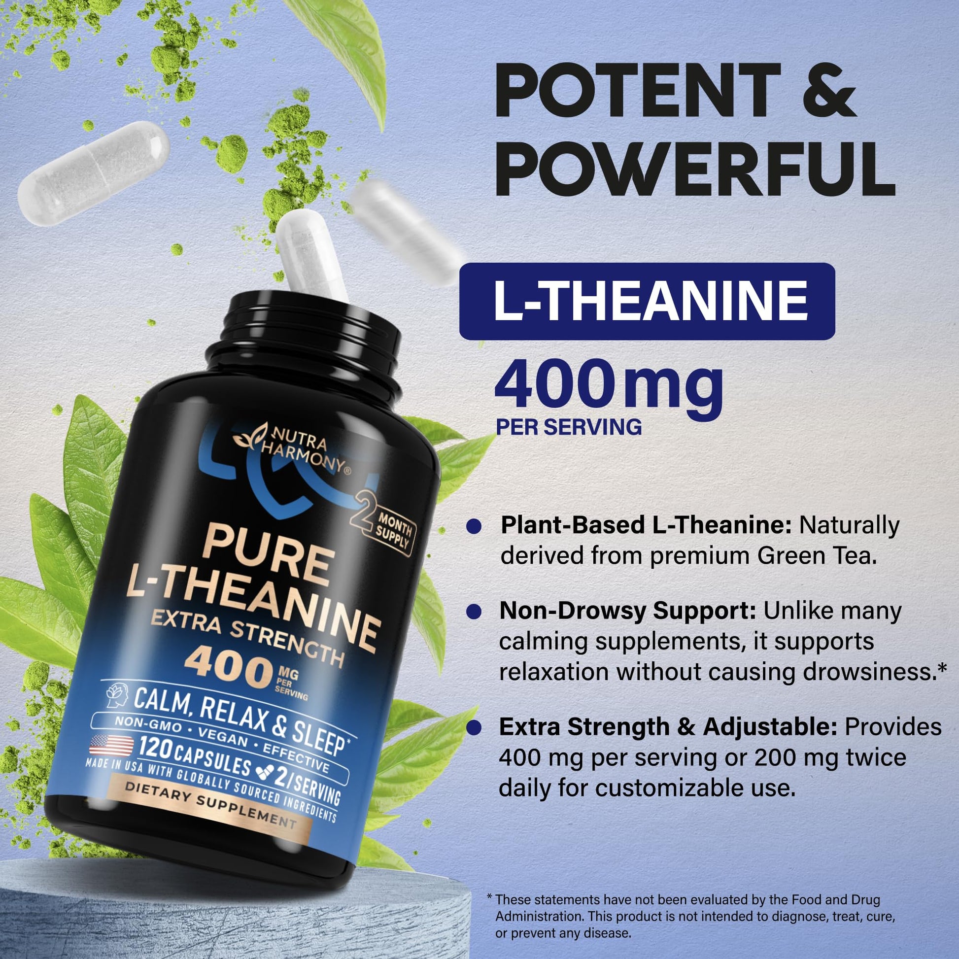 L Theanine 400 mg | L-Theanine Stress Relief | Extra Strength Supplement | Made in USA | Relaxation, Sleep & Calm Support | For Men & Women | Plant Based NUTRAHARMONY buy supplements canada