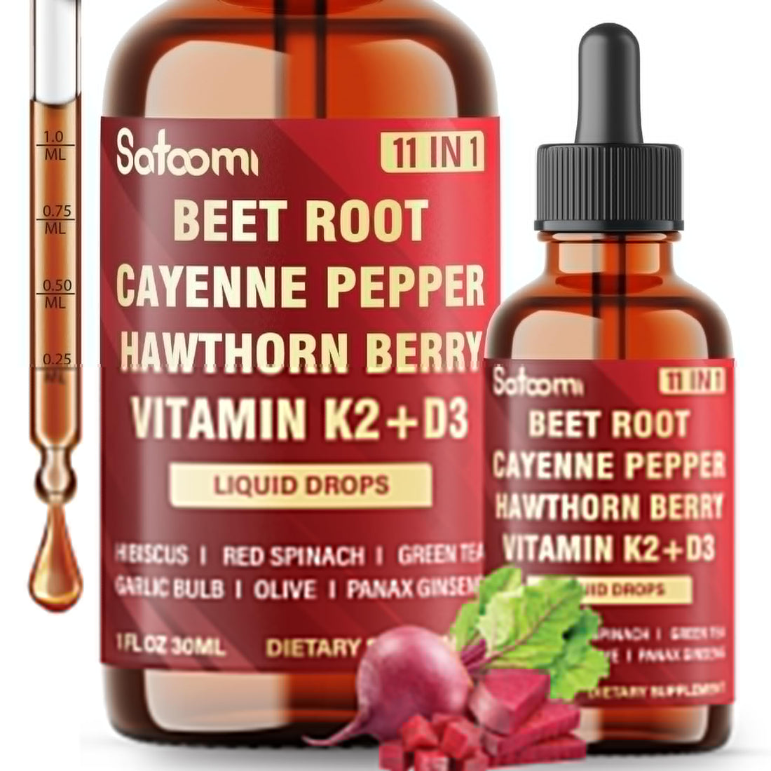 11in1 Beet Root Liquid Drops Supplement with Formula with D3, K2, Hawthorn, Red Spinach, Garlic & Green Tea and More - Supports Immune & Vitality - 1 FL Oz - for 60 Days Satoomi buy supplements canada