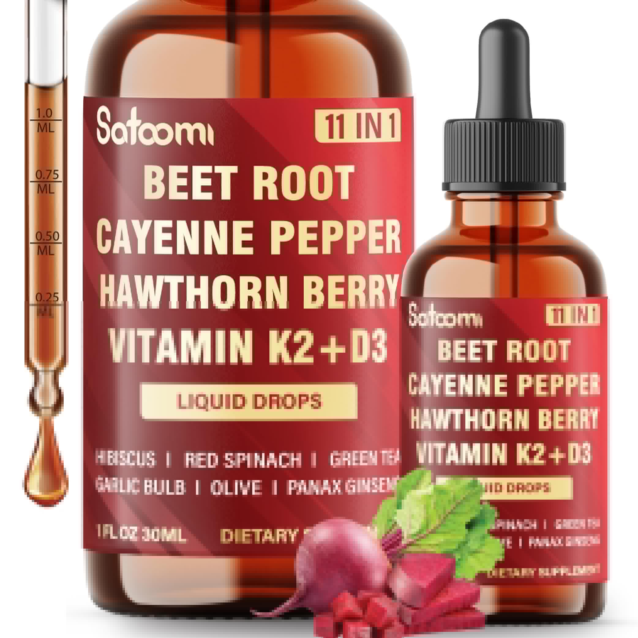 11in1 Beet Root Liquid Drops Supplement with Formula with D3, K2, Hawthorn, Red Spinach, Garlic & Green Tea and More - Supports Immune & Vitality - 1 FL Oz - for 60 Days Satoomi buy supplements canada