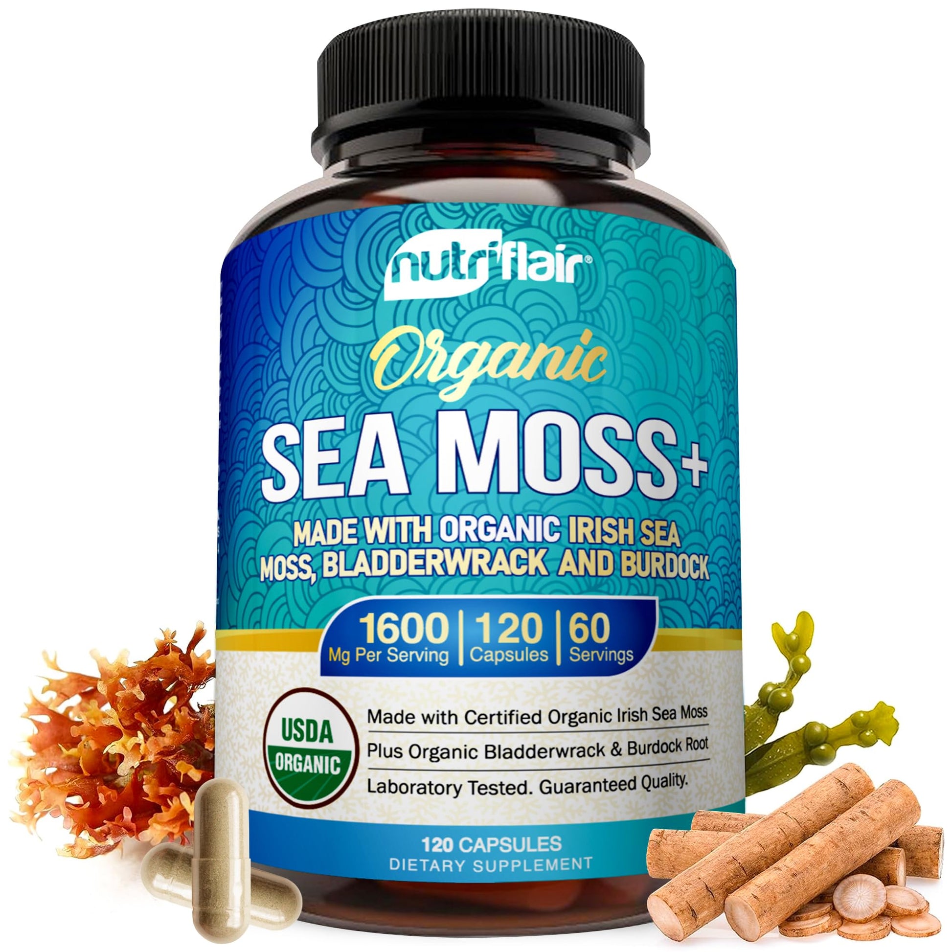 NutriFlair Organic Sea Moss 1600mg, 120 Capsules Plus Bladderwrack & Burdock - Prebiotic Super Food - Immune System & Digestive Health - Thyroid, Healthy Skin, Keto Detox, Gut NutriFlair buy supplements canada