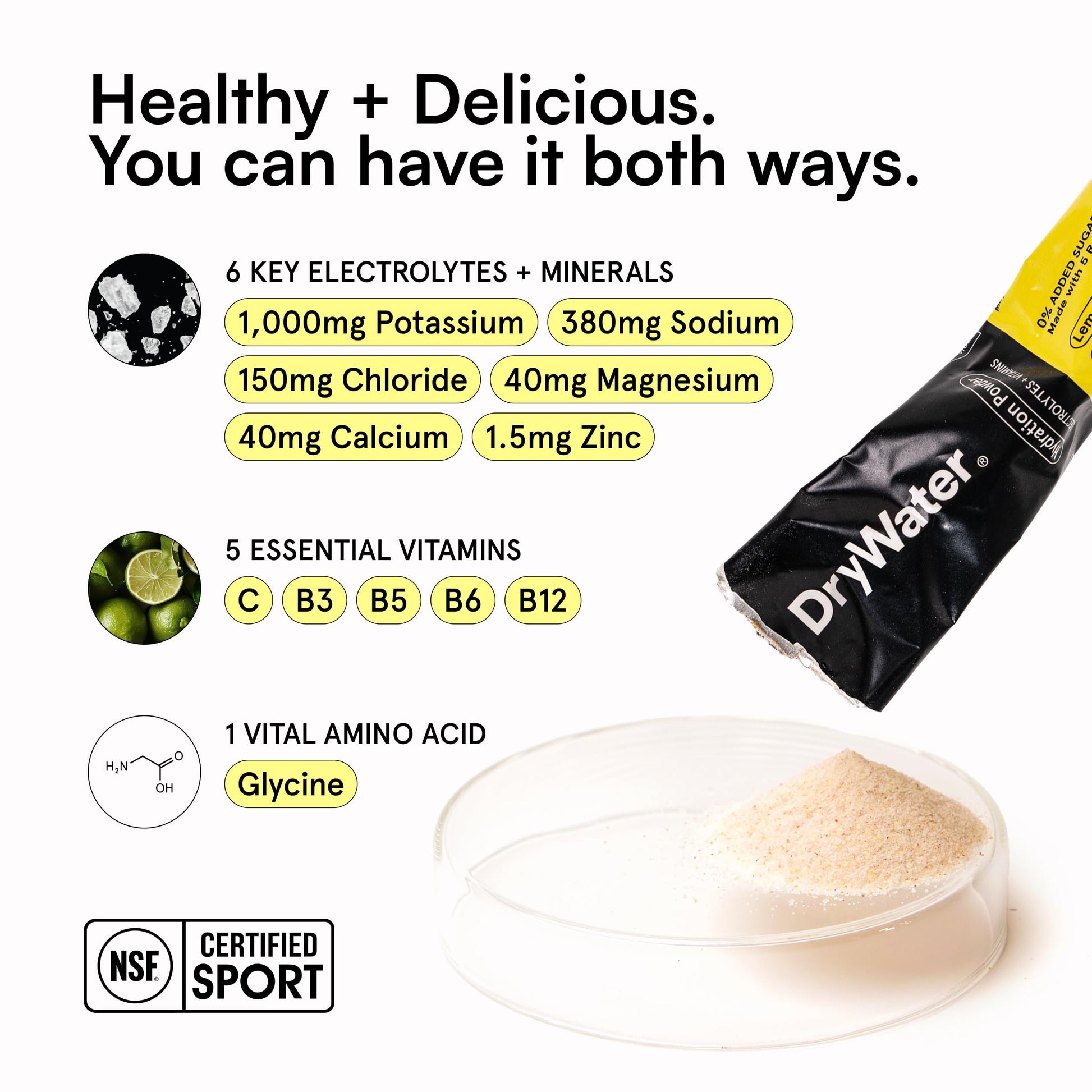 DryWater Electrolyte Powder Packets, Lemon Lime - Hydration Packets Drink Mix with Zero Added Sugar for Rehydration & Energy - 6 Key Electrolytes DryWater buy supplements canada