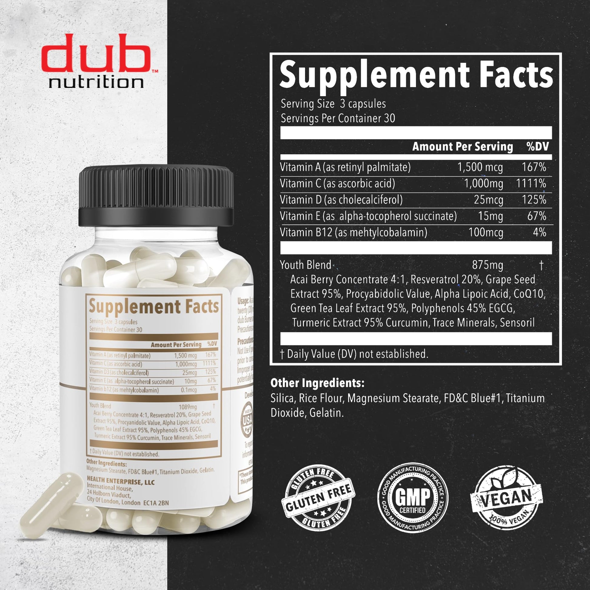 Dub Nutrition Youth - Formula with Acai, Resveratrol, Curcumin, Vitamins A, C, D, E, B12, and CoQ10 - Supports Immunity and Mobility - 90 Capsules Dub Nutrition buy supplements canada