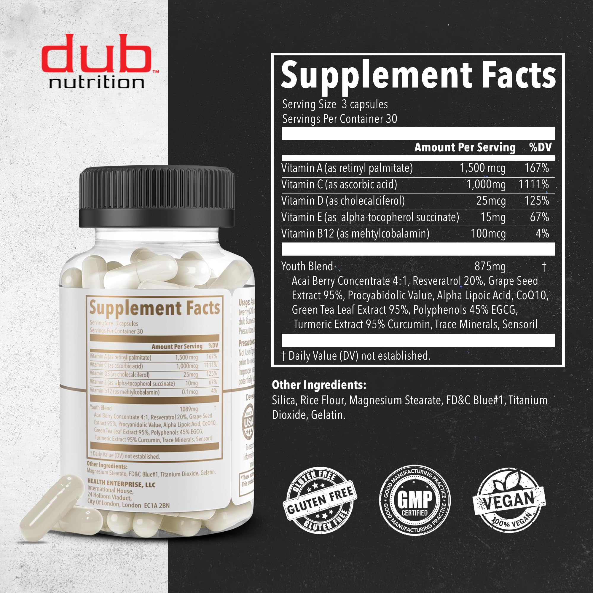 Dub Nutrition Youth - Formula with Acai, Resveratrol, Curcumin, Vitamins A, C, D, E, B12, and CoQ10 - Supports Immunity and Mobility - 90 Capsules Dub Nutrition buy supplements canada