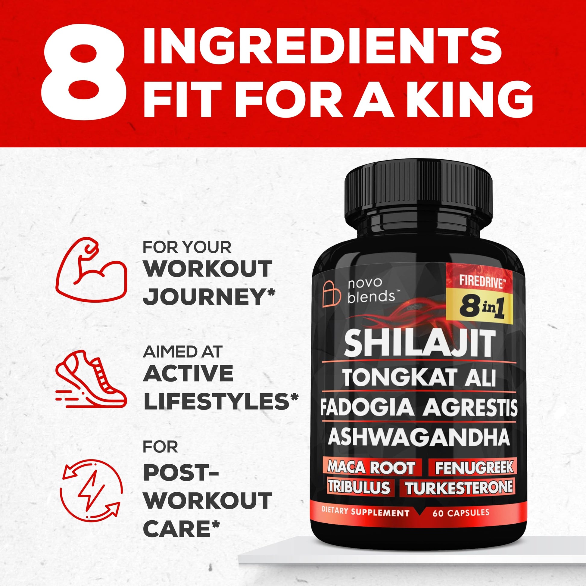 Shilajit 3000mg Tongkat Ali 15,000mg Fadogia Agrestis 1000mg Maca Root 2000mg Ashwagandha 4000mg Fenugreek 1500mg Tribulus Terrestris 500mg Turkesterone 500mg, 8-in-1 Supplement Blend for Men Novo Blends buy supplements canada