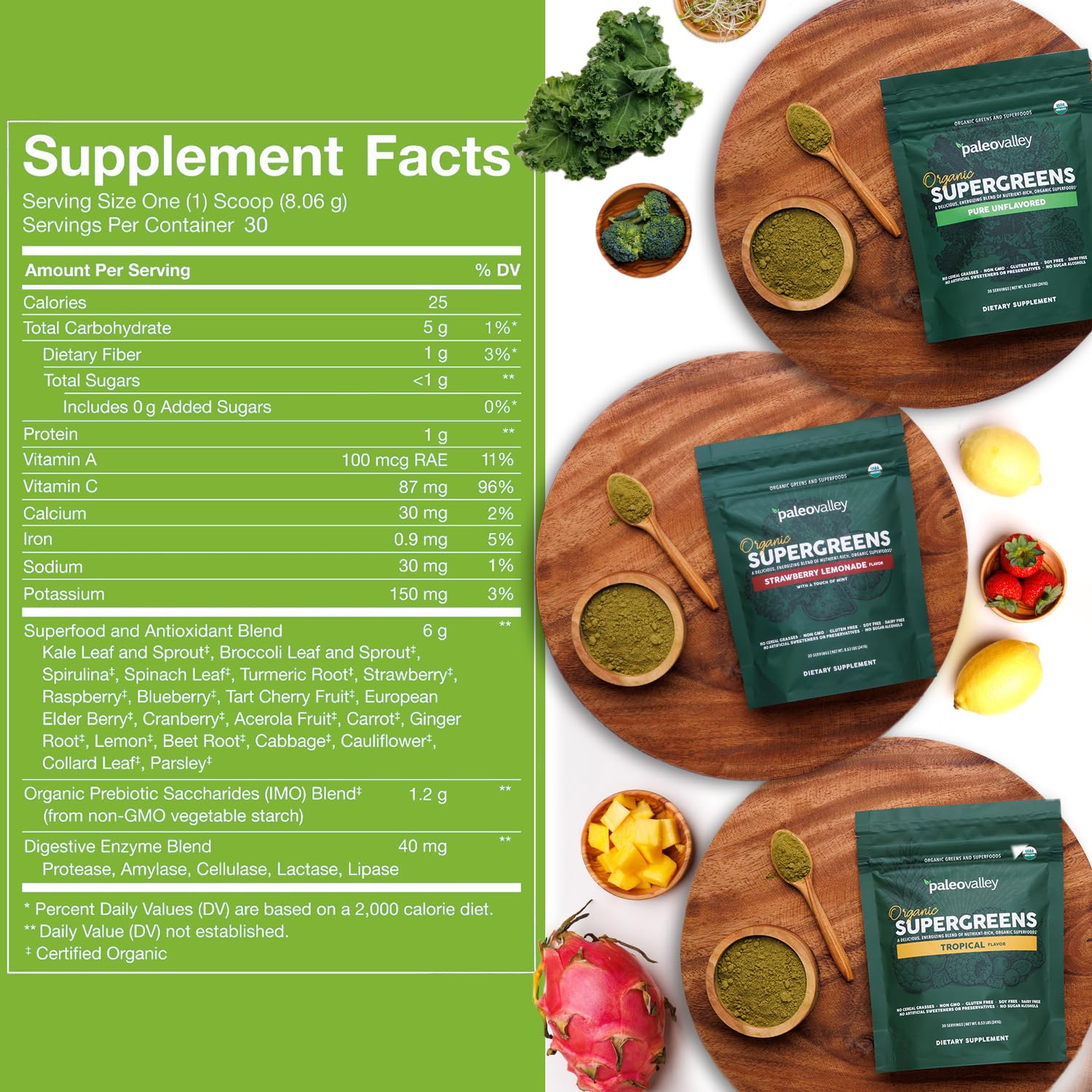 Paleovalley Organic Supergreens Powder - 23 Superfoods with Prebiotic Fiber for Energy and Immunity Support - No Cereal Grasses for Maximum Absorption - Pure Unflavored, 30 Servings Paleovalley buy supplements canada