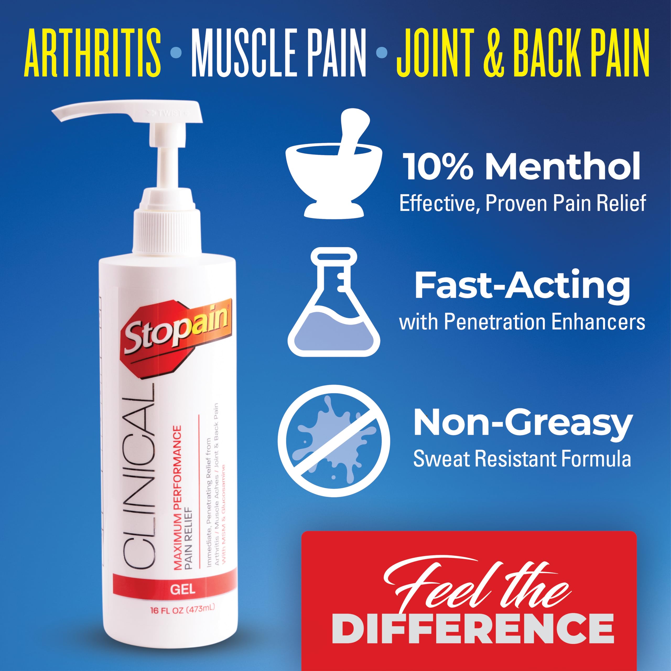 Stopain Clinical Pain Relief Gel 16 oz - Professional Formula for Arthritis, Knee, Back & Muscle Pain - Maximum Strength Gel for Joint & Nerve Pains with 10% Menthol Plus Glucosamine - Made in USA Stopain buy supplements canada