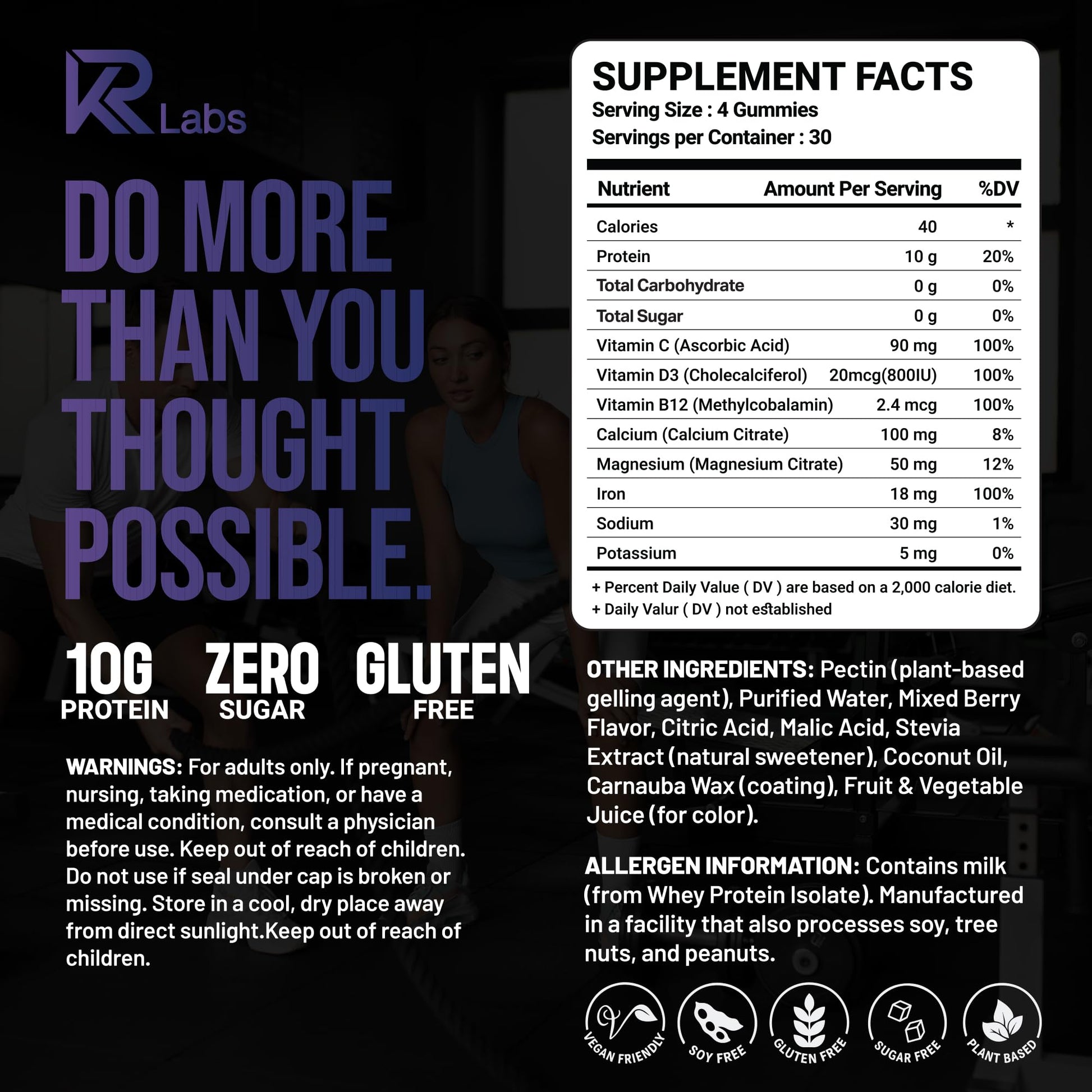 KR Labs Zero Carb 100% Pure Whey Isolate Protein Gummies | 300g Total Protein per Bag | 10g per Serving Plant Based with Vitamins for Men & Women KR Labs buy supplements canada