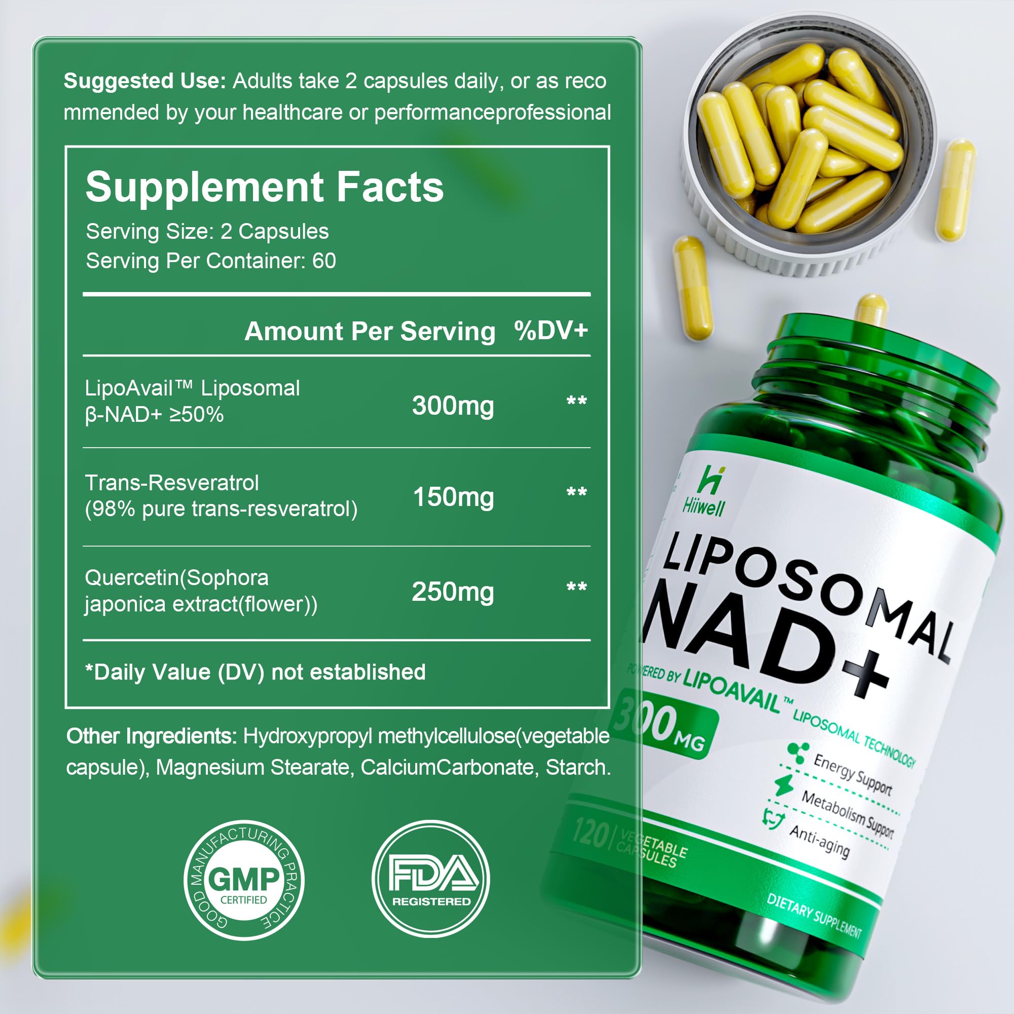 Liposomal NAD Supplement 300mg + Trans-Resveratrol & Quercetin, Energy & Anti-Aging Support, Boost NAD+ Levels - Vegan, Pure NAD Resveratrol Supplement for Women & Men, 120 Capsules Hiiwell buy supplements canada