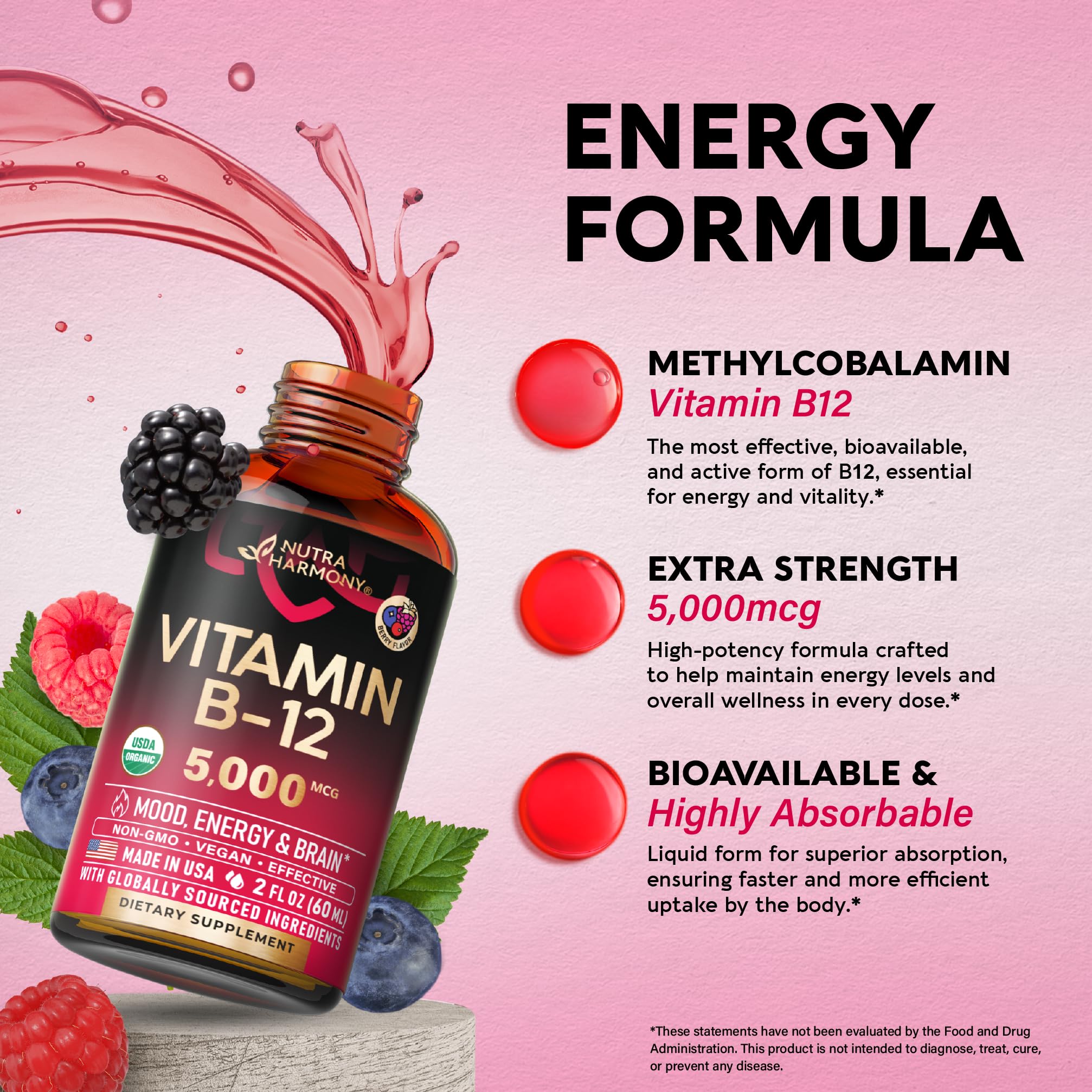 USDA Organic Vitamin B12 Sublingual Drops - 5000 mcg Liquid Vegan Methylcobalamin for Women & Men - Energy Boost, Focus & Mood, Brain Health Support NUTRAHARMONY buy supplements canada