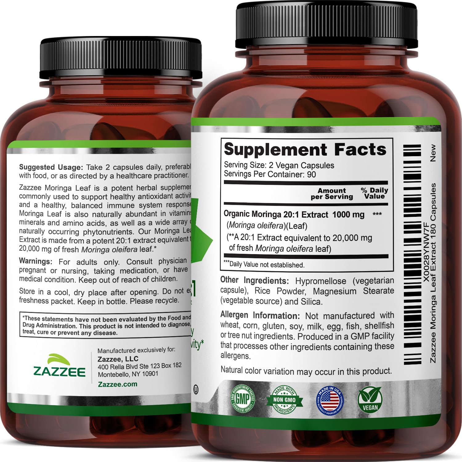 Zazzee USDA Organic Moringa Leaf 20:1 Extract, 180 Vegan Capsules, 3 Month Supply, Certified Kosher, Moringa Oleifera, Antioxidant, Immune & Cellular Support Zazzee buy supplements canada