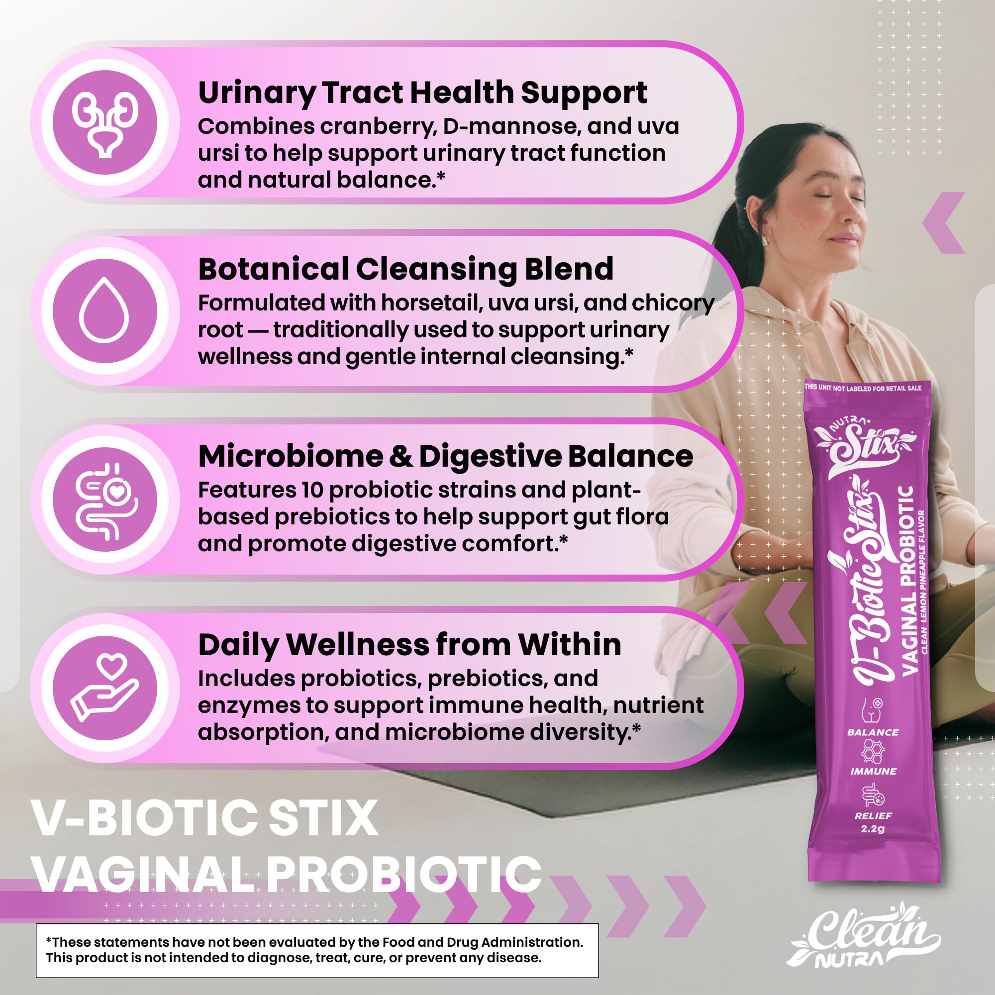 Clean Nutraceuticals Vaginal Probiotics for Women with Cranberry Extract, D-Mannose, Prebiotics, pH Balance for Women, Vaginal Health – Womens Probiotic Alternative to Gummies - 20 Stix Clean Nutraceuticals buy supplements canada