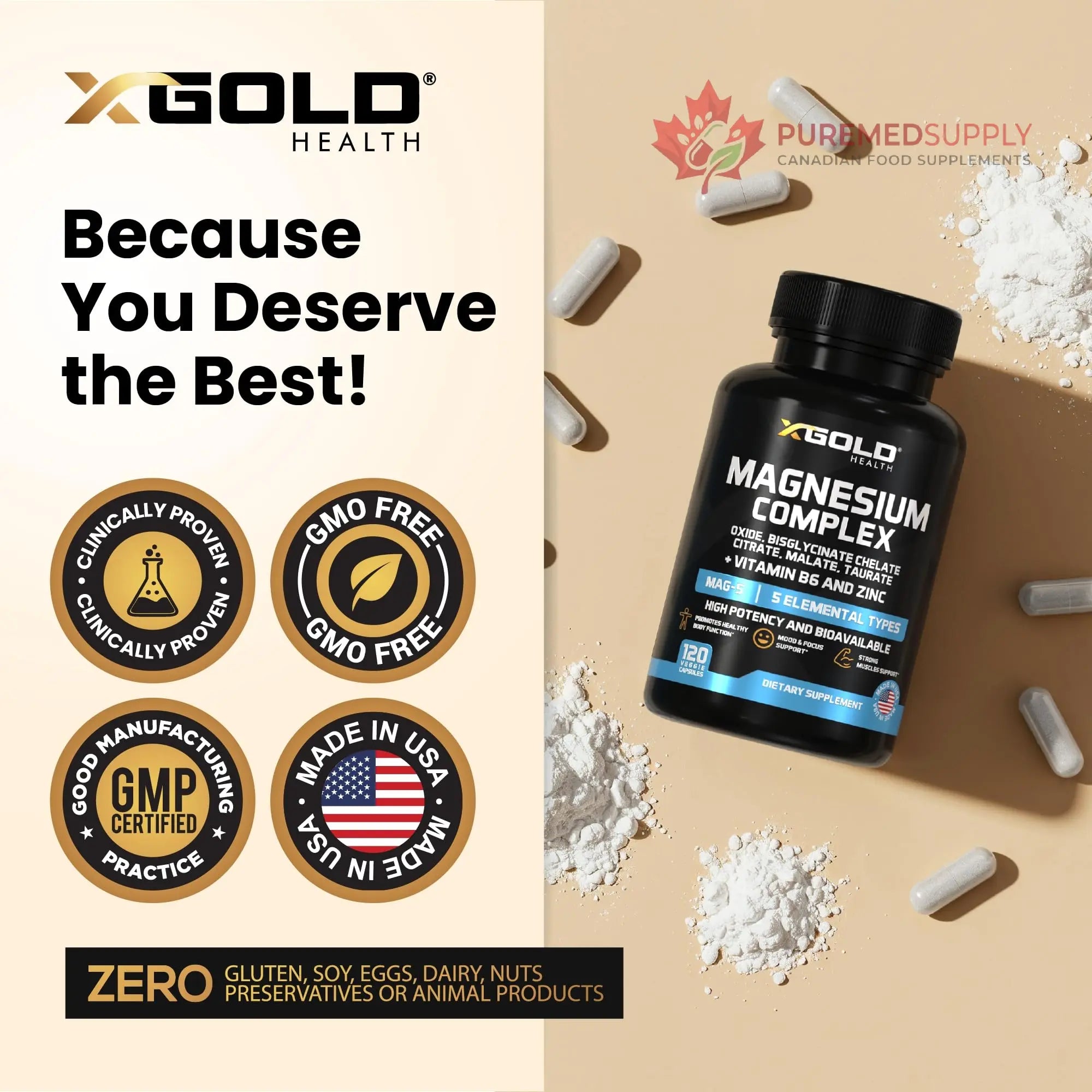 X Gold Health Magnesium Complex 5-in-1 with Zinc & B6 High Absorption Capsules (Glycinate, Citrate, Malate, Taurate, Oxide) Muscle Recovery, Energy, Sleep Support & Immune Health 500mg Made in USA X Gold Health buy supplements canada
