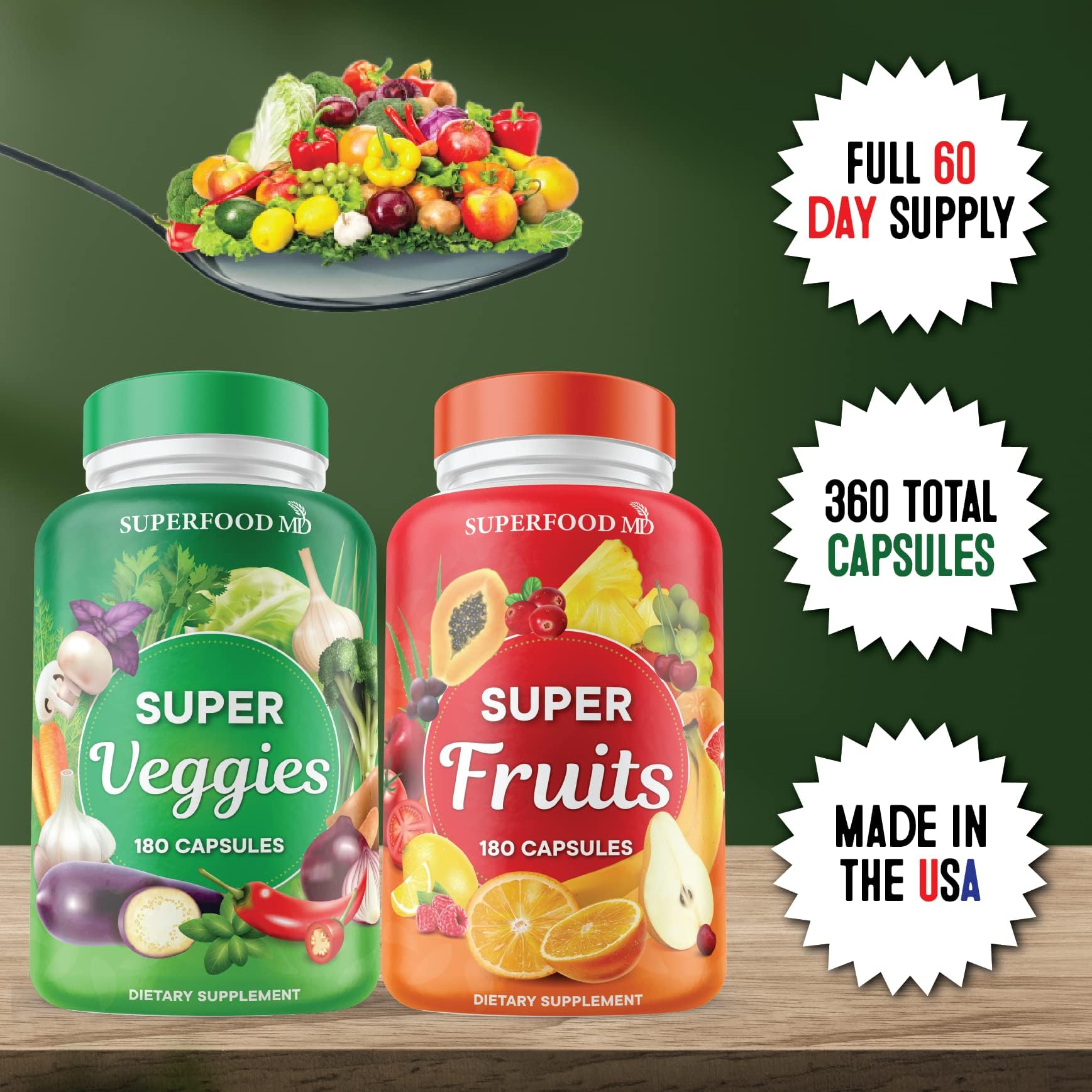 Superfood Fruit and Veggie Supplement - 360 Whole Super Fruit and Vegetable Supplements & Vitamin with Beta-Carotene, Soy Free- 180 Count (Pack of 2) Superfood MD buy supplements canada