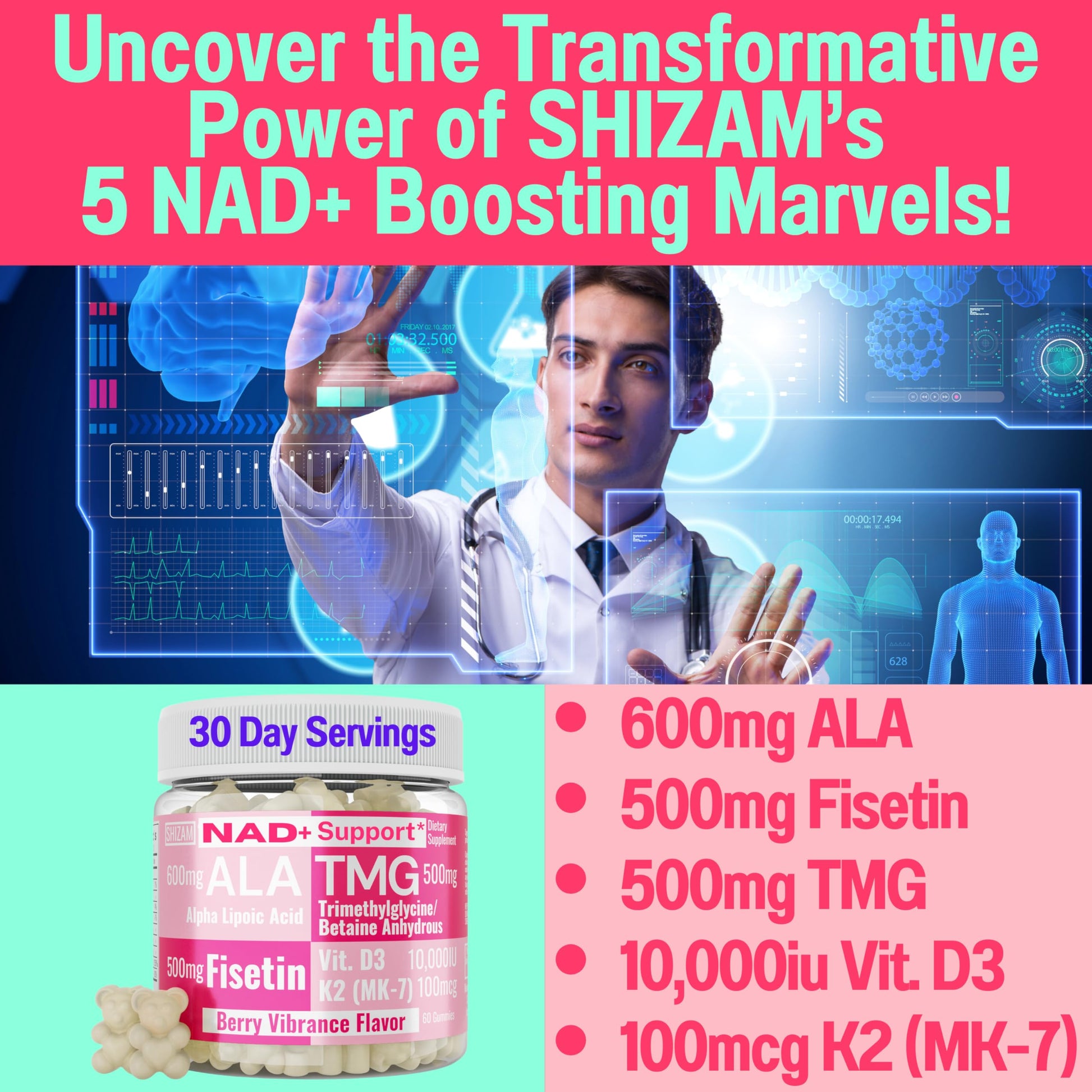 SHIZAM TMG Betaine Alpha Lipoic Acid ALA D3 Fisetin Gummies, Tri-Methylglycine trimethylglycine R-Alpha NAD+ Plus + HCL Supplements, Mitochondrial Senolytic Activator, NR Capsules Powder 600mg 1000mg SHIZAM buy supplements canada