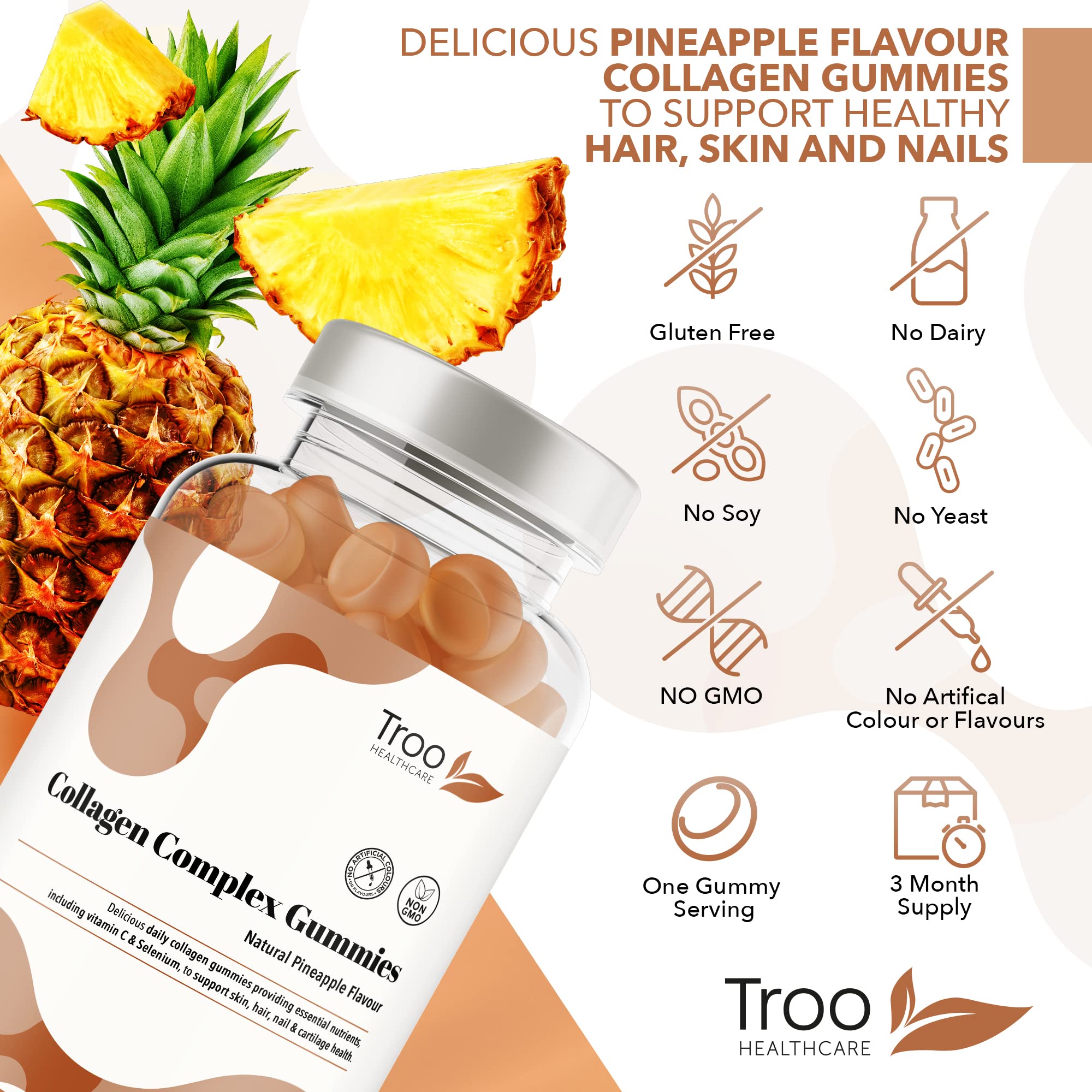 Hydrolysed Collagen Complex - 90 Natural Pineapple Flavour Chewable Gummies - One Per Day with Biotin, Vitamin C and Selenium Troo Health Care buy supplements canada