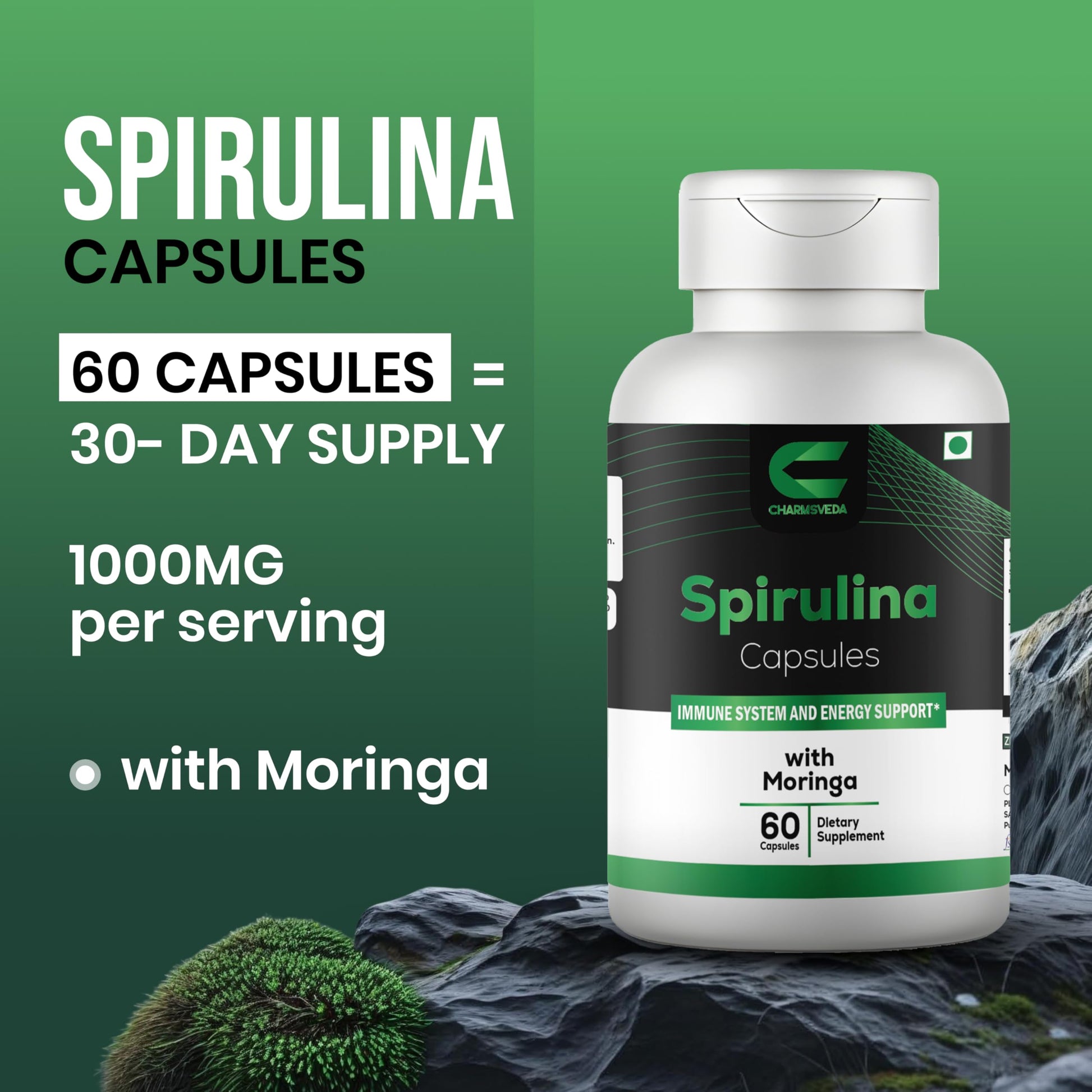 CHARMSVEDA Spirulina Capsules with Moringa – Herbal Immune Support* – 60 Vegan Capsules CHARMSVEDA buy supplements canada