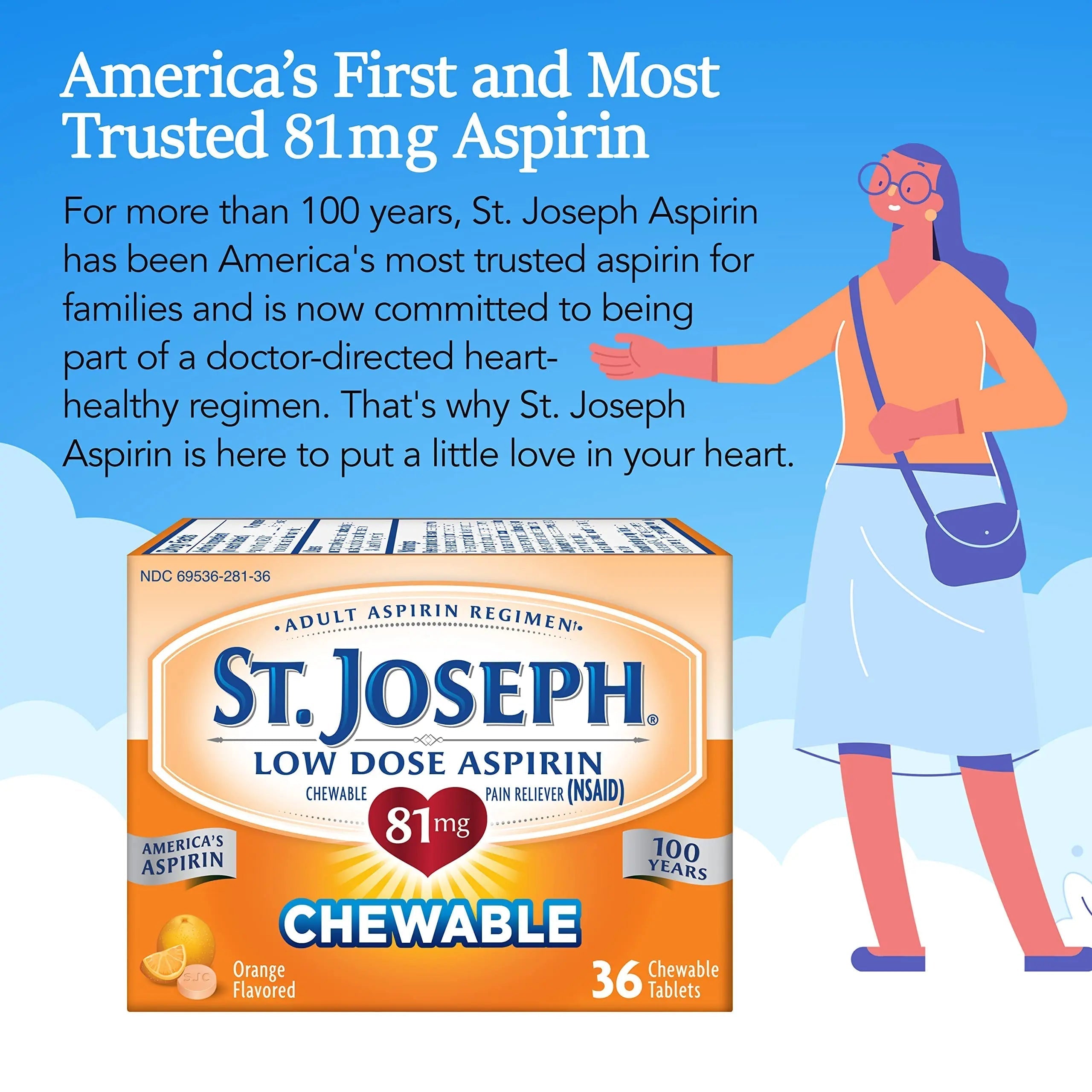 St. Joseph Aspirin Pain Reliever (NSAID) 81mg, Chewable Orange Tablets, Adult Low Dose Regimen, 36 ct St. Joseph buy supplements canada
