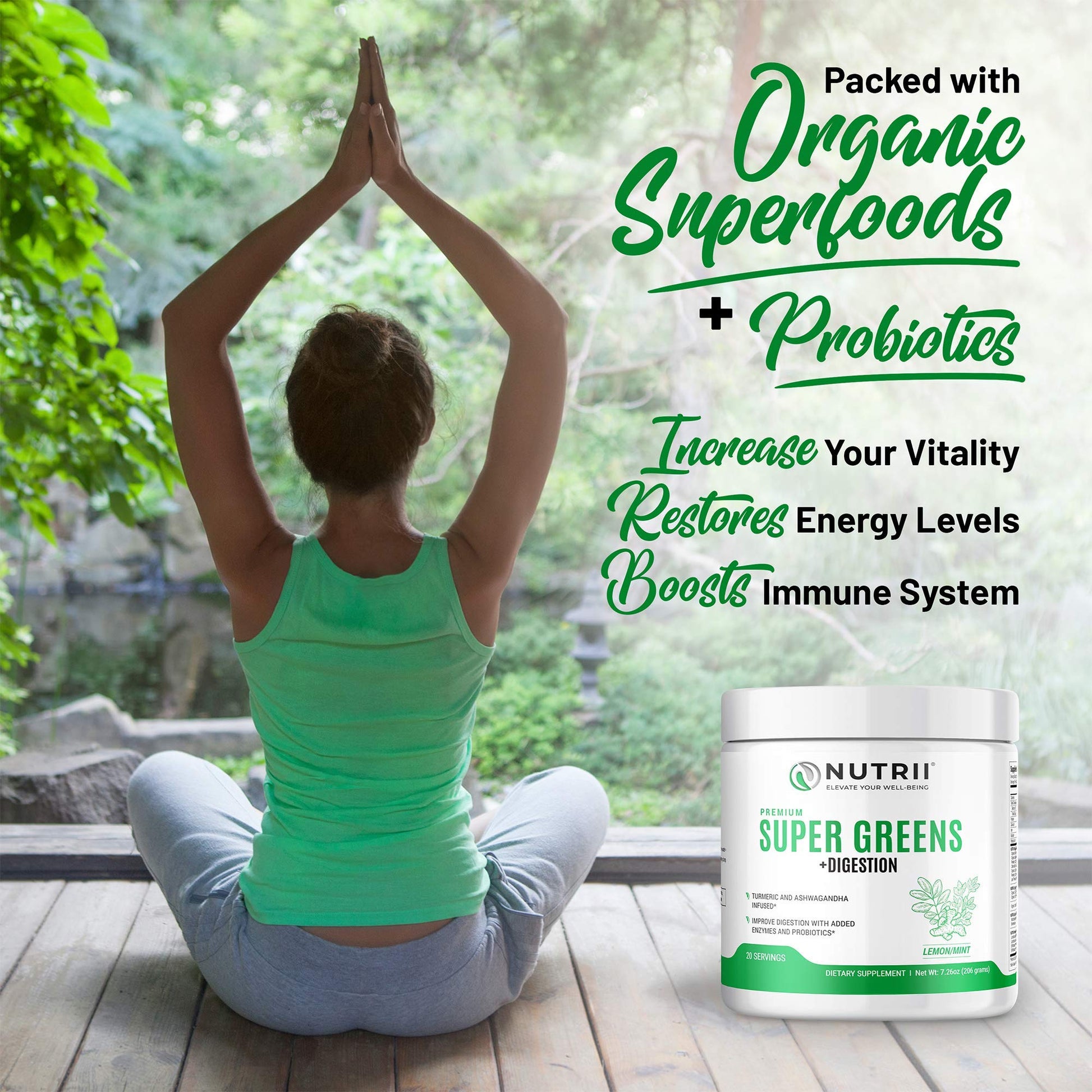 Nutrii Organic Green Immunity Superfood Powder - Soothes Digestion, Boosts Healthy Vitality and Energy. Fast Acting Formula with Probiotics, Enzymes, Turmeric and Ashwagandha (30 Servings Lemon-Mint) Nutrii buy supplements canada