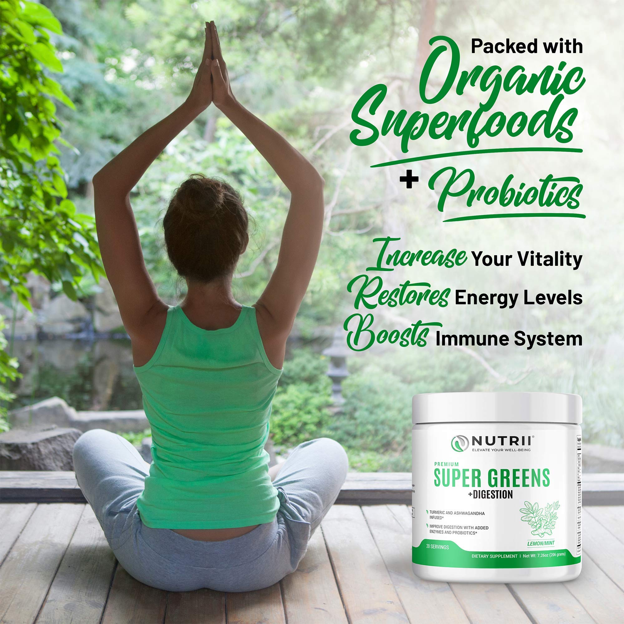 Nutrii Organic Green Immunity Superfood Powder - Soothes Digestion, Boosts Healthy Vitality and Energy. Fast Acting Formula with Probiotics, Enzymes, Turmeric and Ashwagandha (30 Servings Lemon-Mint) Nutrii buy supplements canada