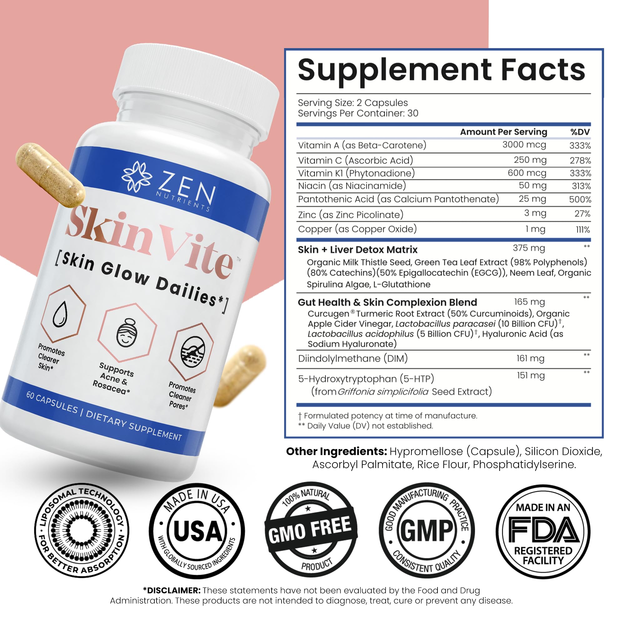Zen Nutrients SkinVite Natural Skin Supplement for Women, Men & Teens - Hormonal Breakouts & Clear Skin Support Supplement - Detoxifying Vitamin for Acne and Digestion Support Zen Nutrients buy supplements canada