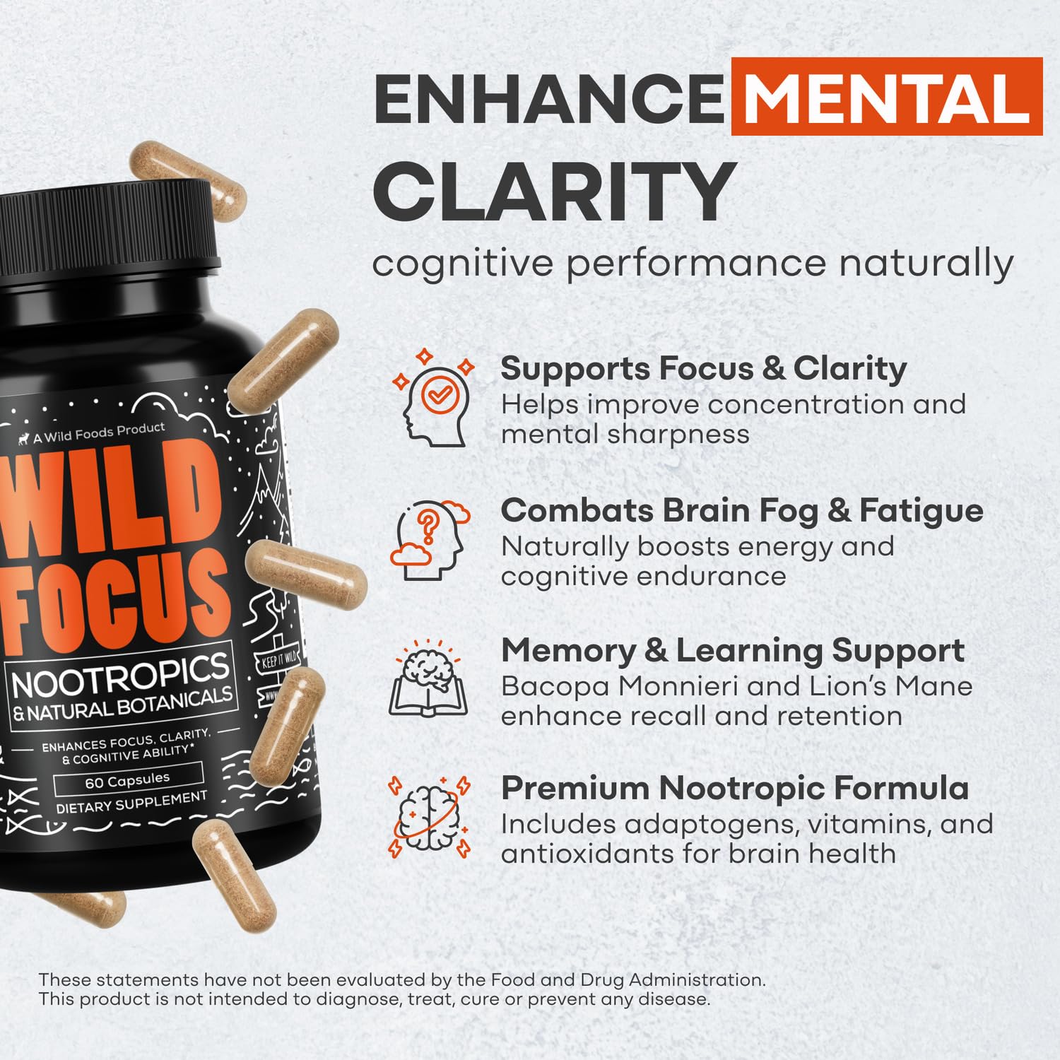 Wild Focus Brain Supplements | Caffeine-Free, Plant-Based Botanicals | Lions Mane, Ginkgo Biloba, Bacopa Monnieri, Lemon Balm | 100% Natural Nootropic | 60 caps Wild Foods buy supplements canada