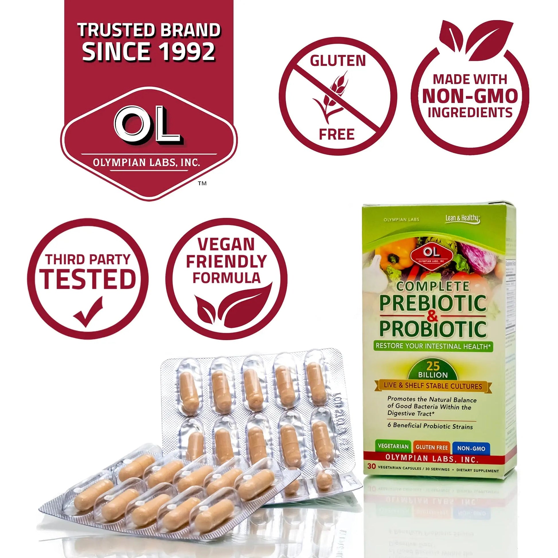 Olympian Labs Complete Prebiotic and Probiotic Supplement - 25 Billion Live Shelf Stable Cultures - 30 Vegetarian Capsules Olympian Labs buy supplements canada
