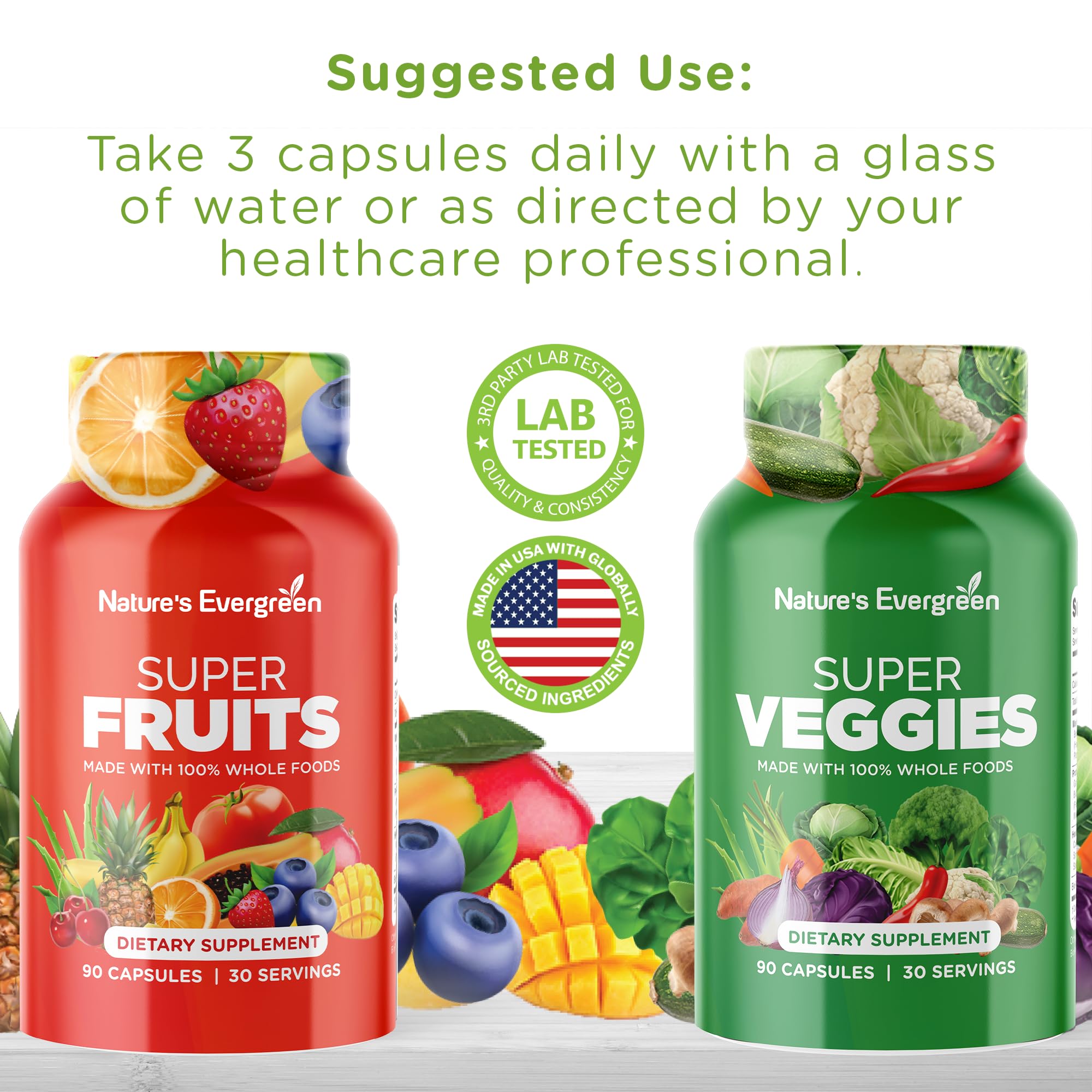 Fruits and Veggies Supplement - Nature Fruits and Vegetables Supplements - Vegan, Non GMO, Soy Free, Superfood Vitamins & Minerals Nutritional Balance - (Total 180 Capsules - Pack of 2) Made in USA Nature's Evergreen buy supplements canada