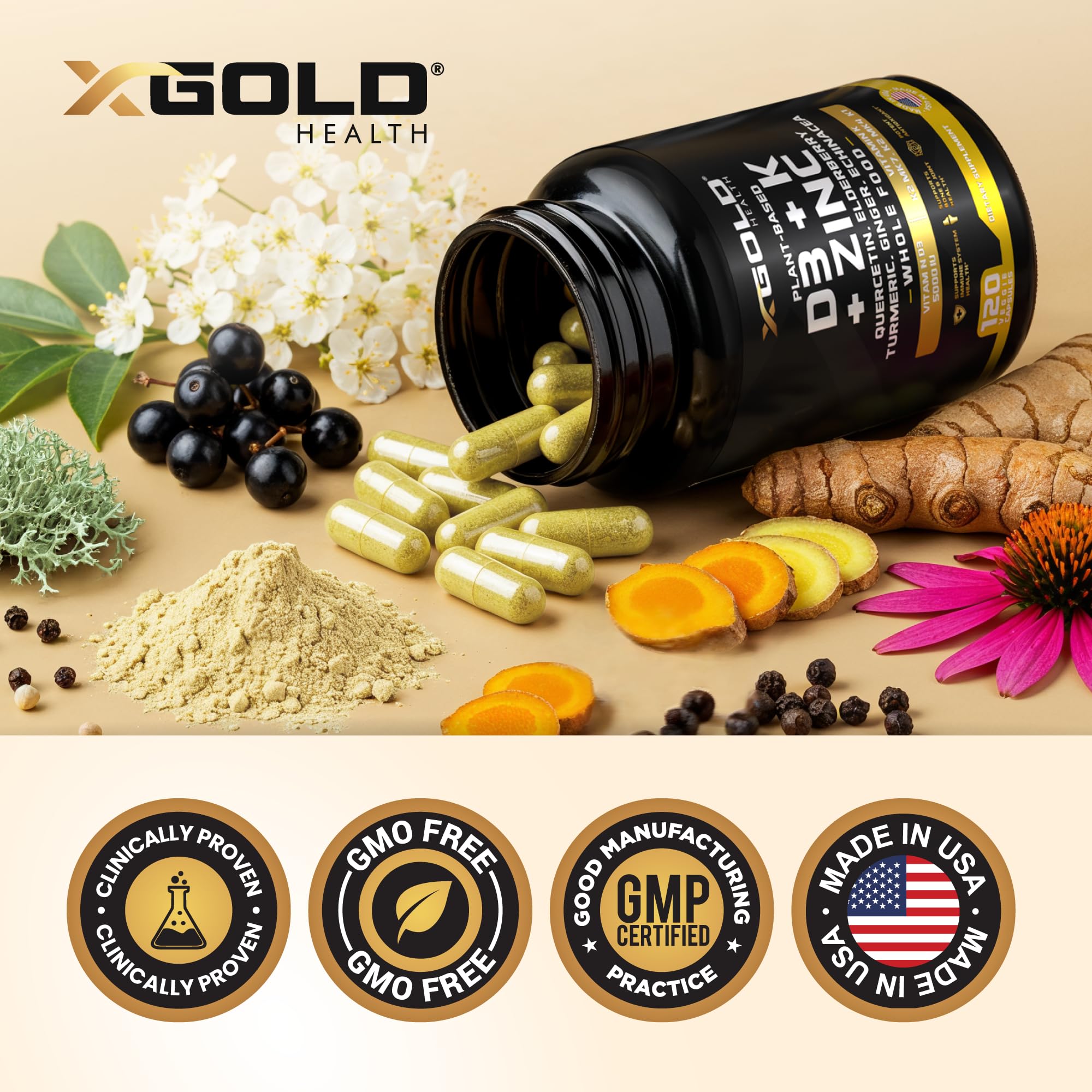 Vitamin D, K2, K1, Zinc, Quercetin, Elderberry, Turmeric, Ginger & Echinacea Whole Food Supplement 8 in 1- D3 5000 IU Plant-Based from Lichen, Vitamin K (K2 MK7, MK4, K1) X Gold Health buy supplements canada