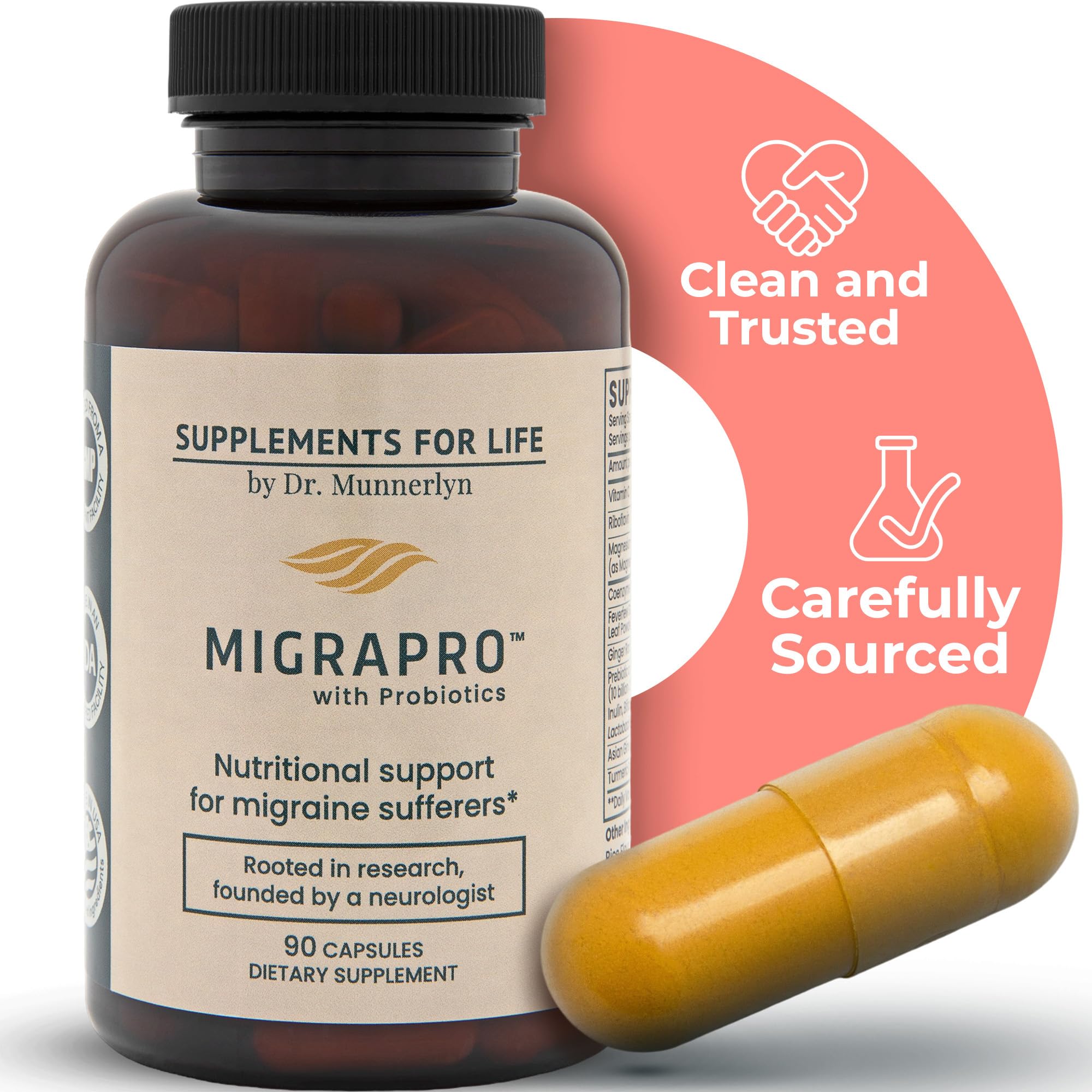 Dr. Munnerlyn MigraPro with Probiotics, Brain and Gut Health Support Supplement with Magnesium, Riboflavin, CoQ10, Ginger Root, Asian Ginseng, Vitamin C, Feverfew & Turmeric, Gluten Free, 90 Capsules Dr. Munnerlyn buy supplements canada
