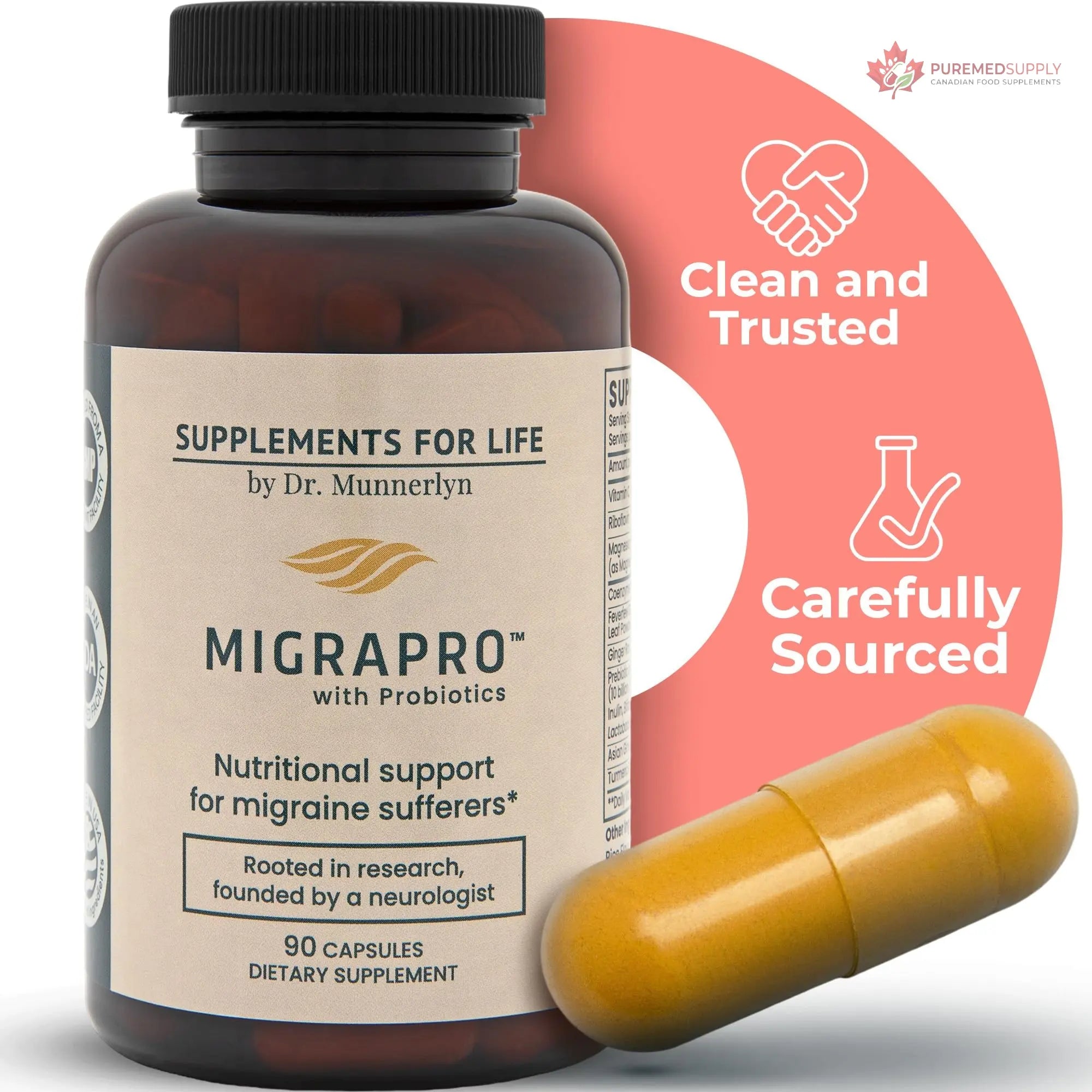 Dr. Munnerlyn MigraPro with Probiotics, Brain and Gut Health Support Supplement with Magnesium, Riboflavin, CoQ10, Ginger Root, Asian Ginseng, Vitamin C, Feverfew & Turmeric, Gluten Free, 90 Capsules Dr. Munnerlyn buy supplements canada