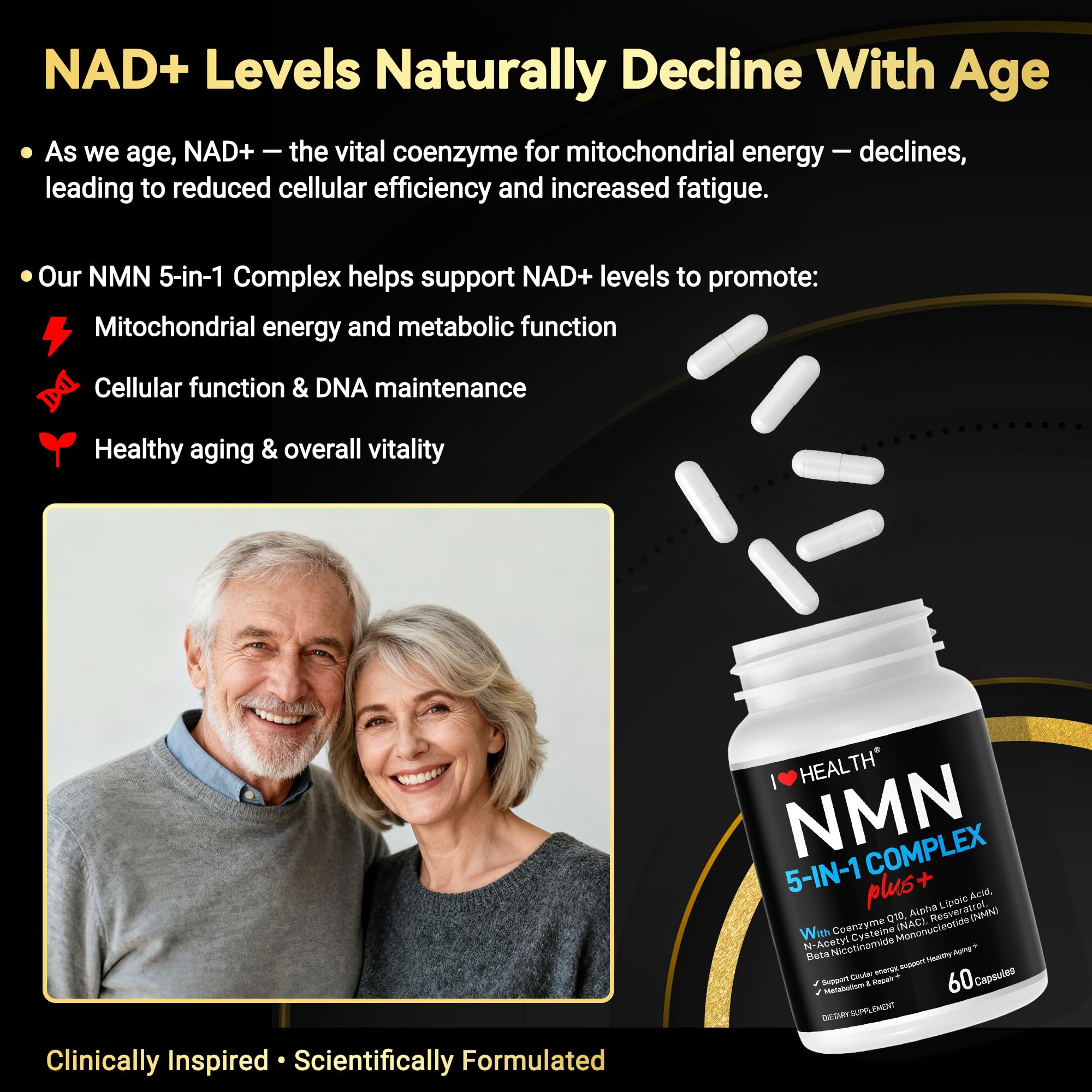 I LOVE HEALTH NMN Complex Plus+ for Women & Men with NAC, Alpha Lipoic Acid, CoQ10 & Resveratrol – 5-in-1 Cellular Energy & Healthy Aging Support – 60 Capsules, Non-GMO, Made in USA I LOVE HEALTH buy supplements canada