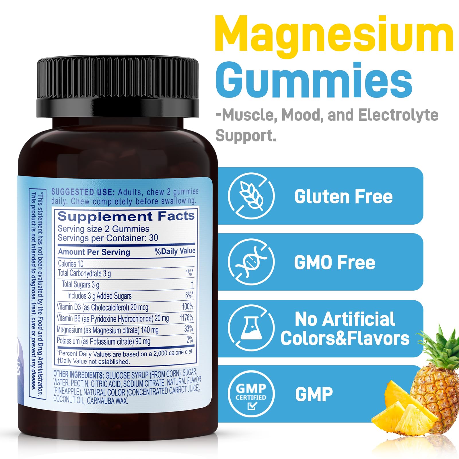 Biobor Potassium Magnesium Gummies, Magnesium Citrate & Potassium Citrate Supplements with Vitamin D3, B6 for Electrolyte Balance, Muscle, Leg Cramps, GMO Free Gluten Free (Pineapple,60 Count) Biobor buy supplements canada