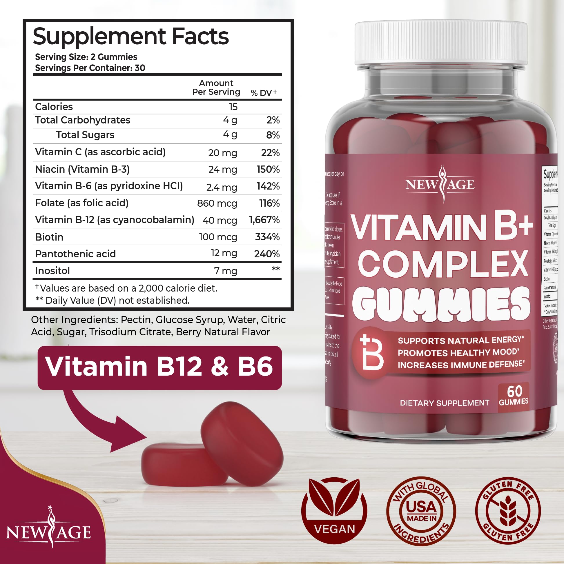 NEW AGE Vitamin B Complex Gummies with Vitamin B3, B6, & B12 – with Biotin, Folic Acid & Vitamin C – Gluten-Free, Vegan NEW AGE buy supplements canada