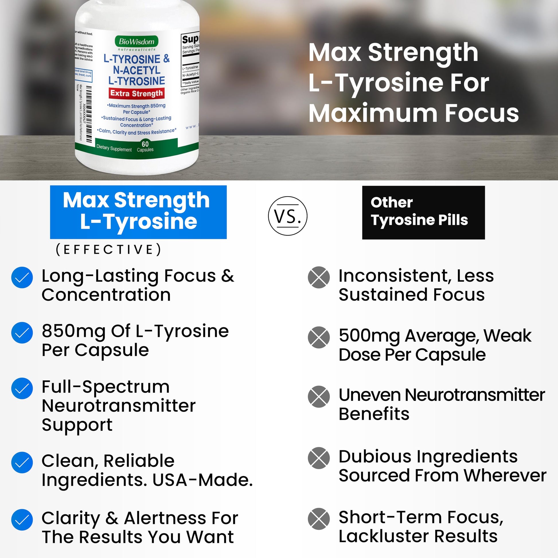 Max Strength L Tyrosine Supplement & N Acetyl L Tyrosine Peak Focus, Alertness, Concentration, Body & Mind Energy. L-Tyrosine 850mg Per 1 Capsule. A Well-Being Nutrient Boost For Performance BioWisdom Nutraceuticals buy supplements canada