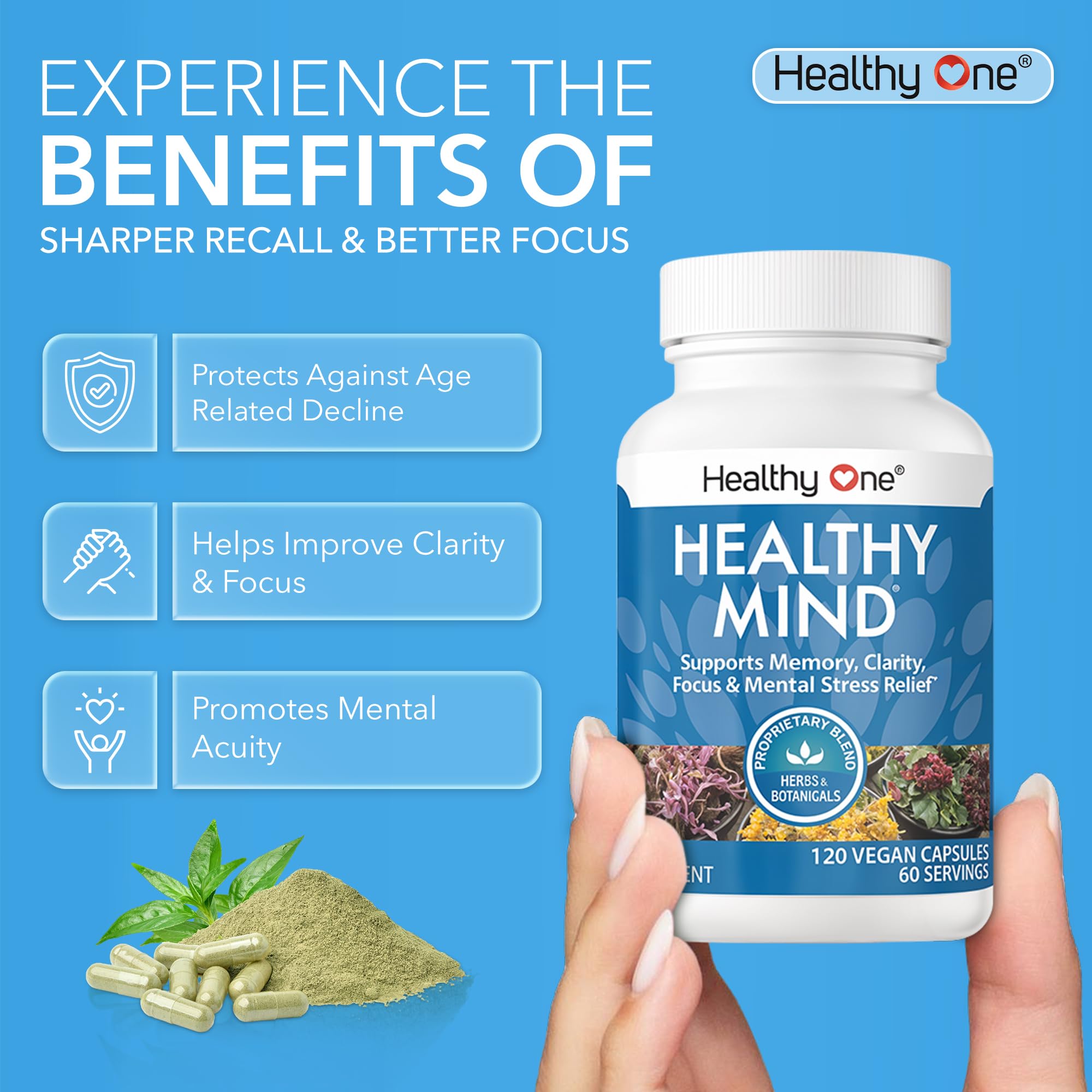 Healthy Mind - Safe for Teens - Brain Fog - Cognitive Function - Concentration - Focus - Neural Optimization - Mood - Ginkgo Biloba - Ginseng - Rhodiola - Bacopa - Gotu Kola - Green Tea - 60 Count Healthy One buy supplements canada