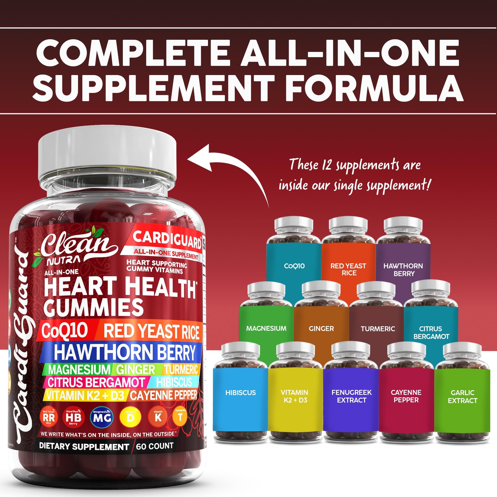 Clean Nutraceuticals Coq10 Gummies | Red Yeast Rice Hawthorn Berry Ginger Turmeric Citrus Bergamot Hibiscus Vitamin K2+D3 Magnesium Glycinate Cayenne Pepper Fenugreek Orange Flavor CardiGuard Clean Nutraceuticals buy supplements canada