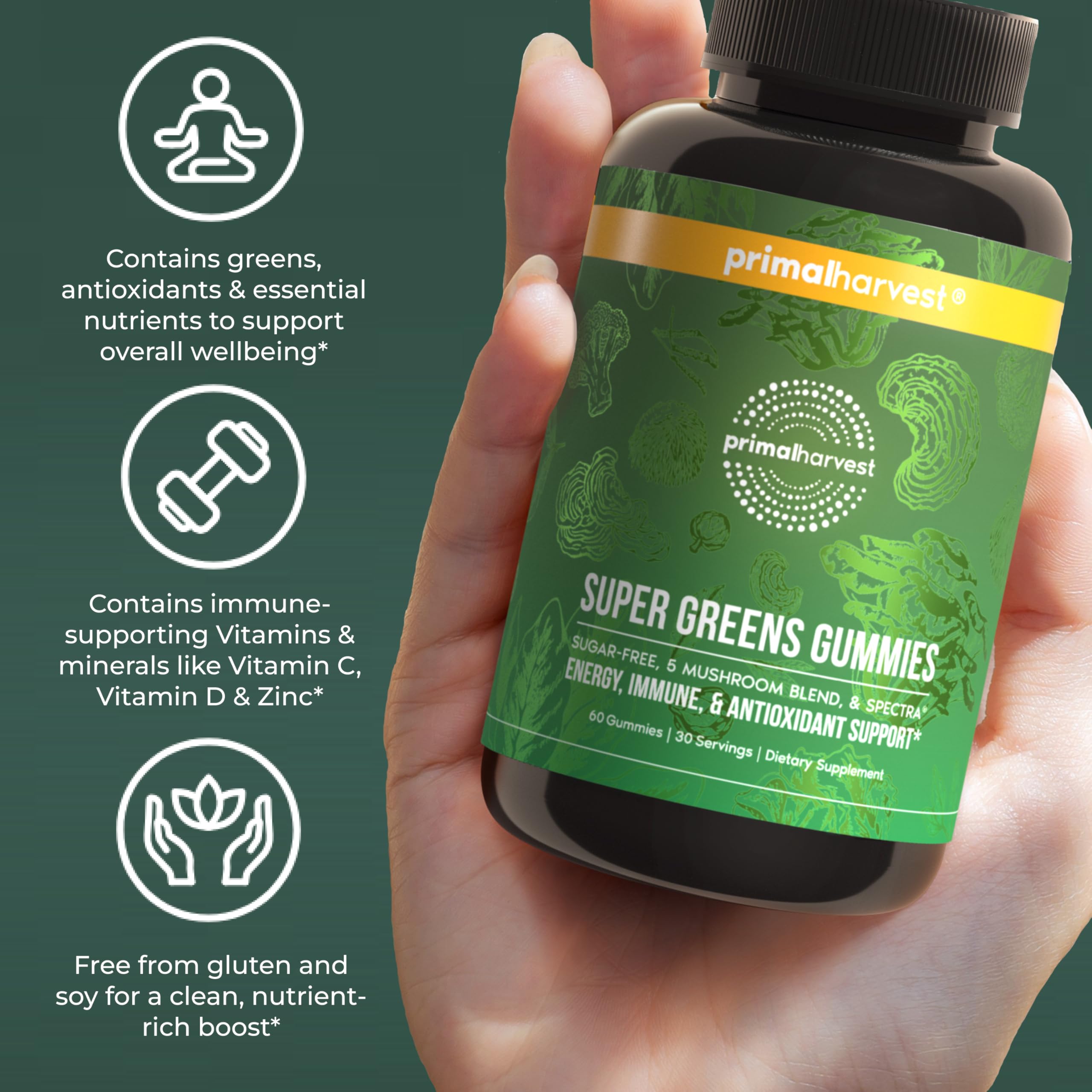Primal Harvest Super Greens Gummies, Superfood Blend with Adaptogenic Mushrooms Vitamins & Nutrient-Rich Minerals & Antioxidants for Energy & Immune Support 1 Pack 60 Count, Primal Harvest buy supplements canada