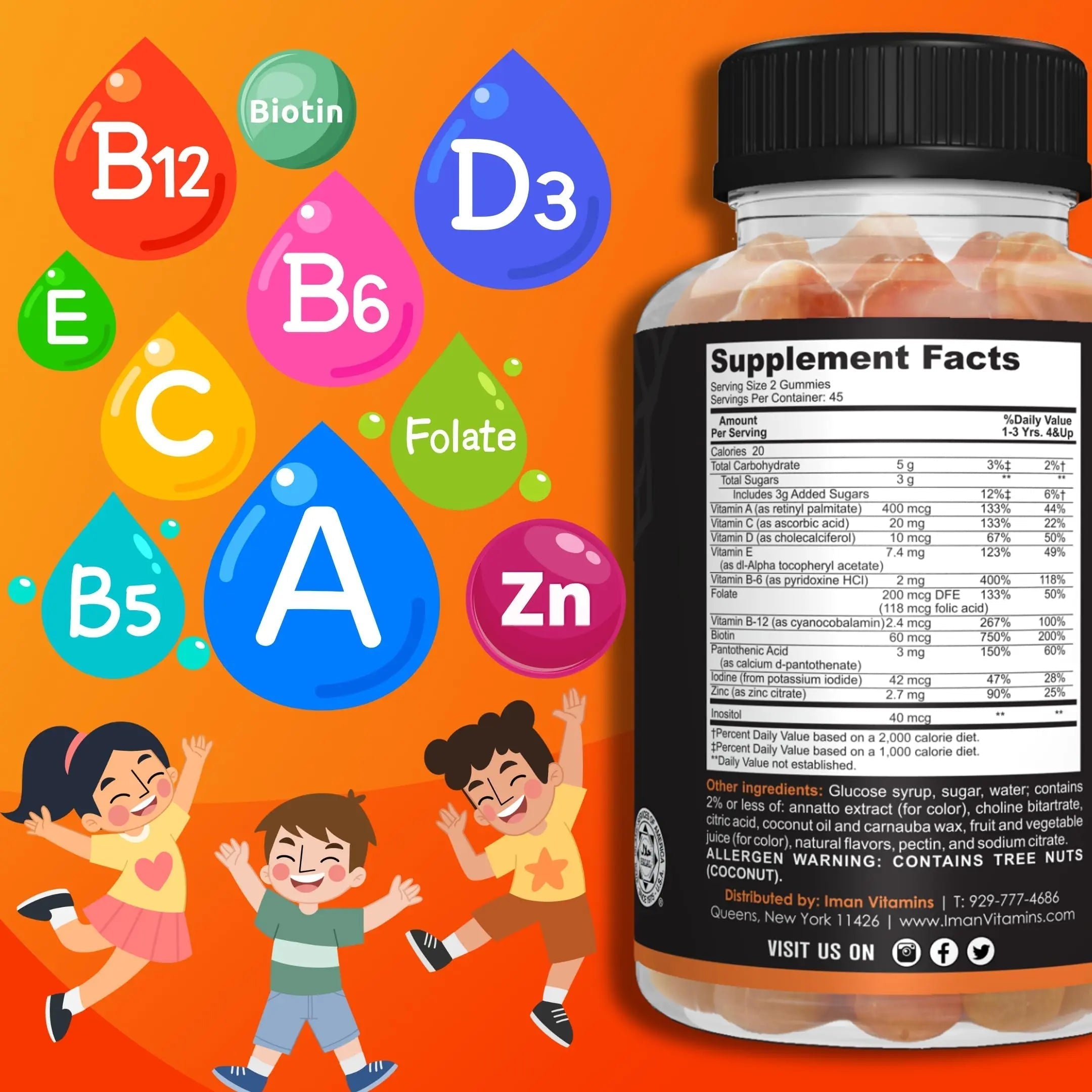 Iman Vitamins Halal Kids Multivitamin Gummies | Vitamin C, D, Zinc, A, E, B6, B12, Biotin, Folate, Inositol | Strengthen Metabolism, Bones & Immunity | Iman Vitamins buy supplements canada