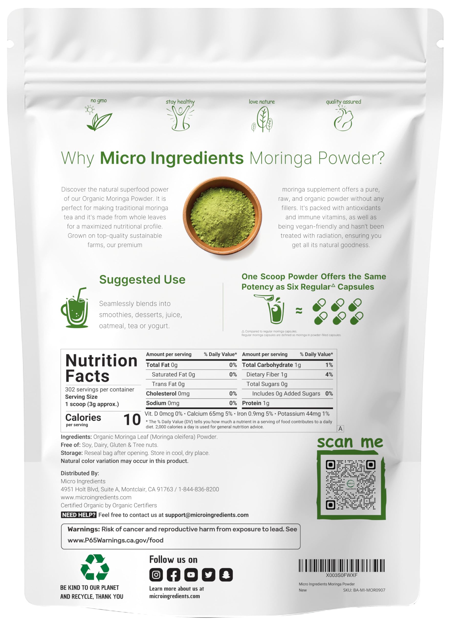 Micro Ingredients Organic Moringa Oleifera Leaf Powder, 2 Pound | Rich in Antioxidants & Immune Vitamins | Pure Leaves Without Stems | Micro Ingredients buy supplements canada