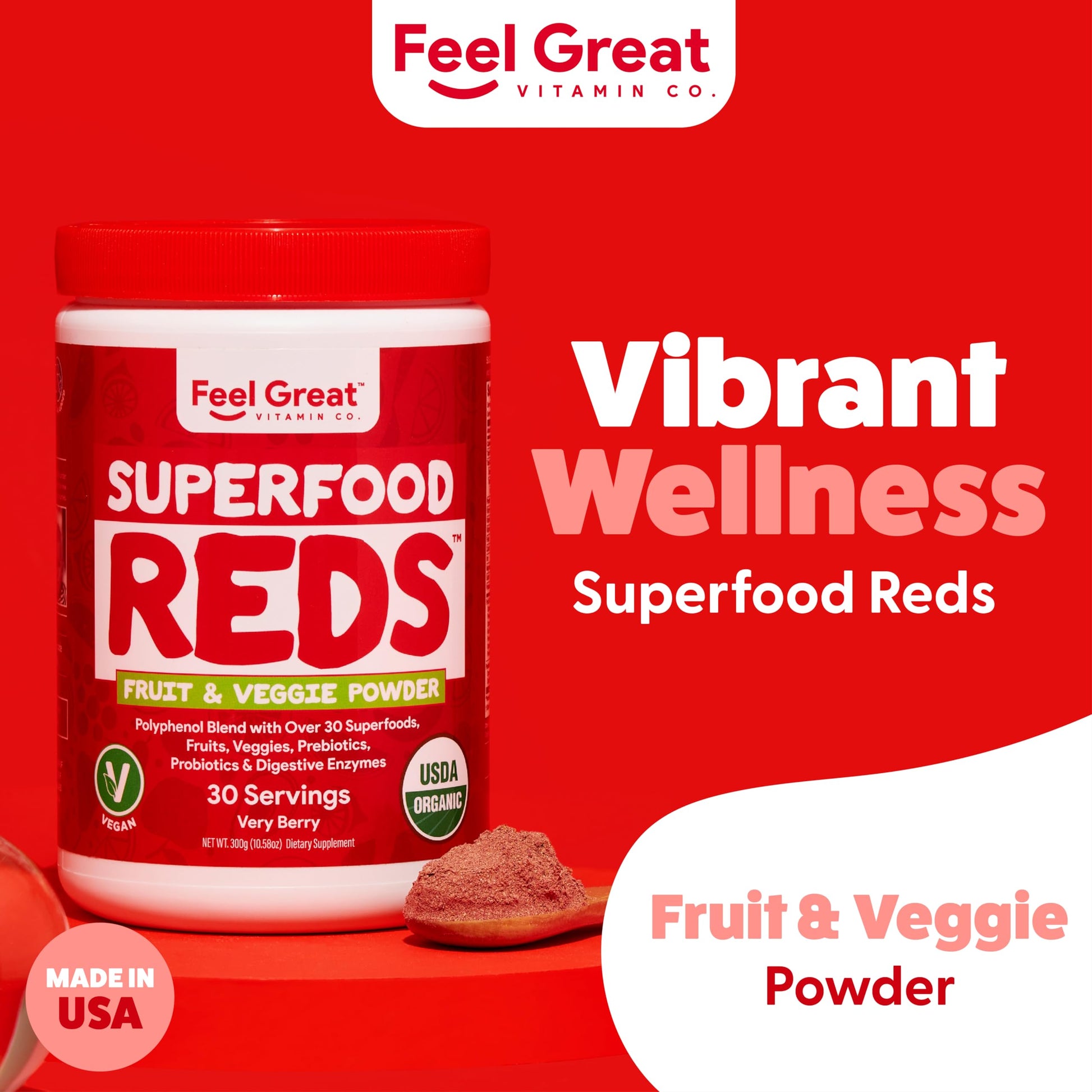 Feel Great Organic Superfood Reds Powder Packed with Beet Root Powder | Digestive Support Including Bloating Relief | Fruit and Veggie Polyphenols Supplement. The Feel Great Vitamin Company buy supplements canada