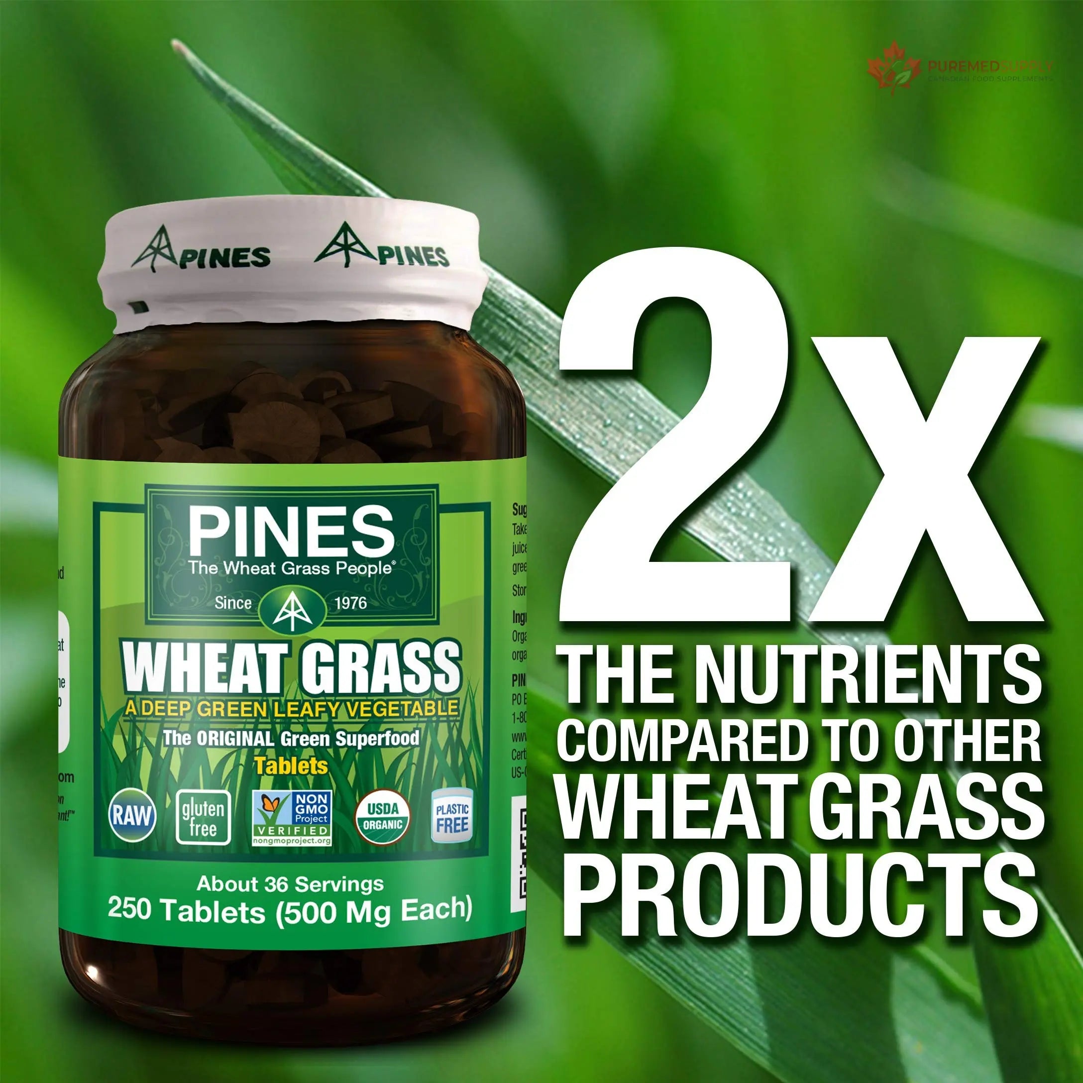 PINES Organic Wheat Grass, 250 Count Tablets | PINES Wheat Grass as featured in the new blockbuster film, Ocean's 8! Pines buy supplements canada