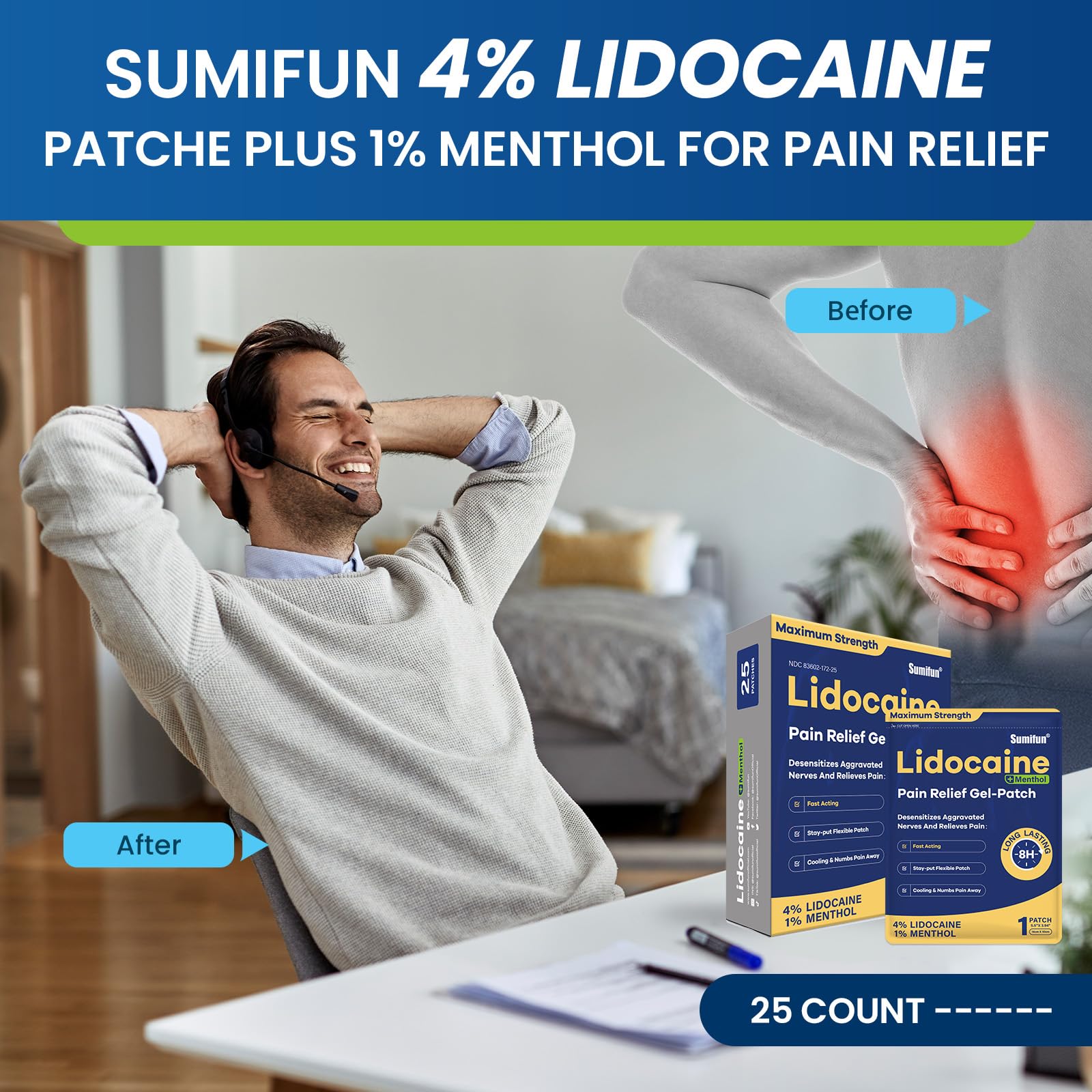 Sumifun Lidocaine Pain Relief Patches - Fast, Targeted Therapy Simple Backache, Soreness, Sprain, Joint Pain with Maximum Strength 4% Lidocaine and 1% Menthol (Large, Count, 25) Sumifun buy supplements canada